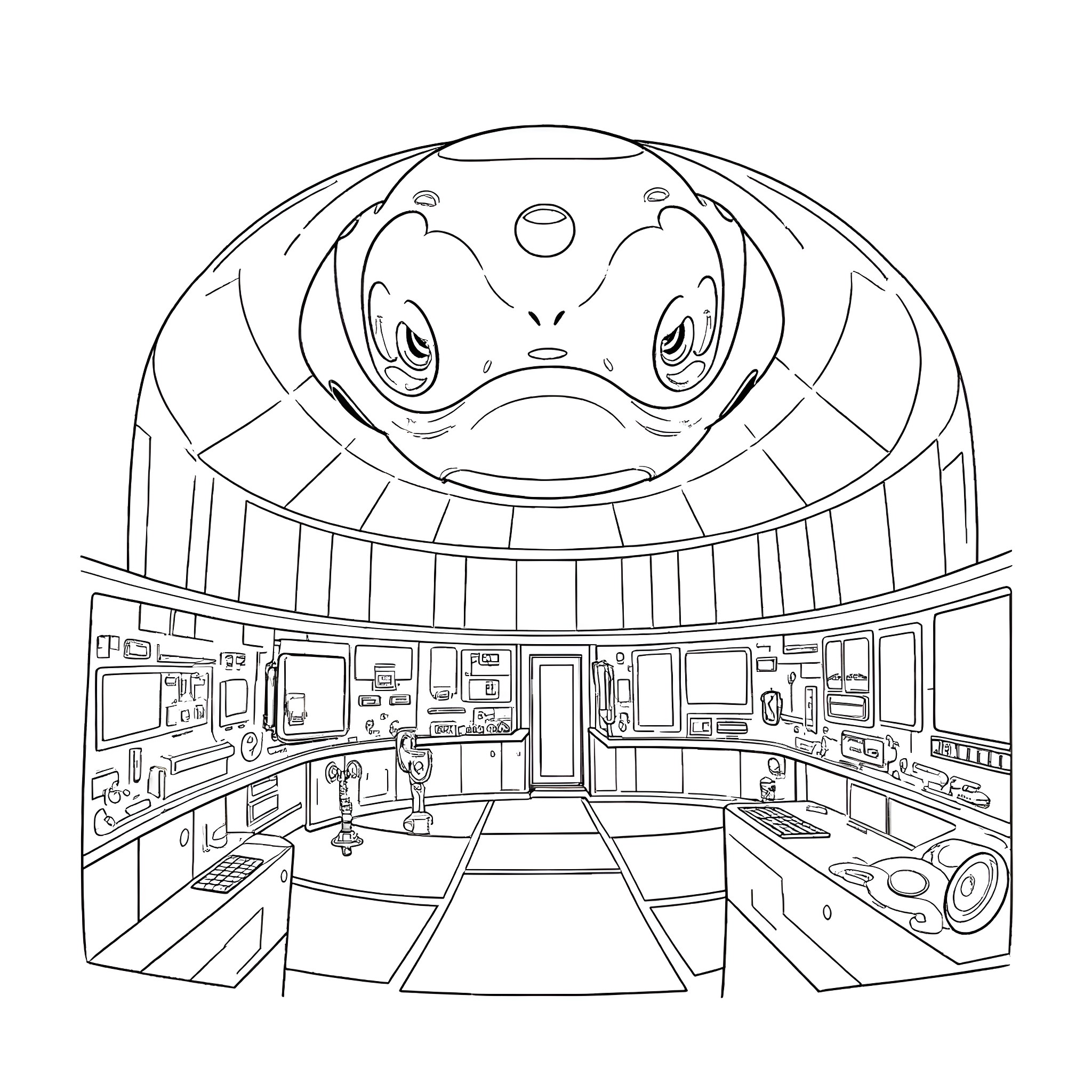 Alien observing advanced technological laboratory Coloring Page (free black-and-white line drawing printable PDF for all, from beginners to advanced learners, including children, teens, adults, and seniors)