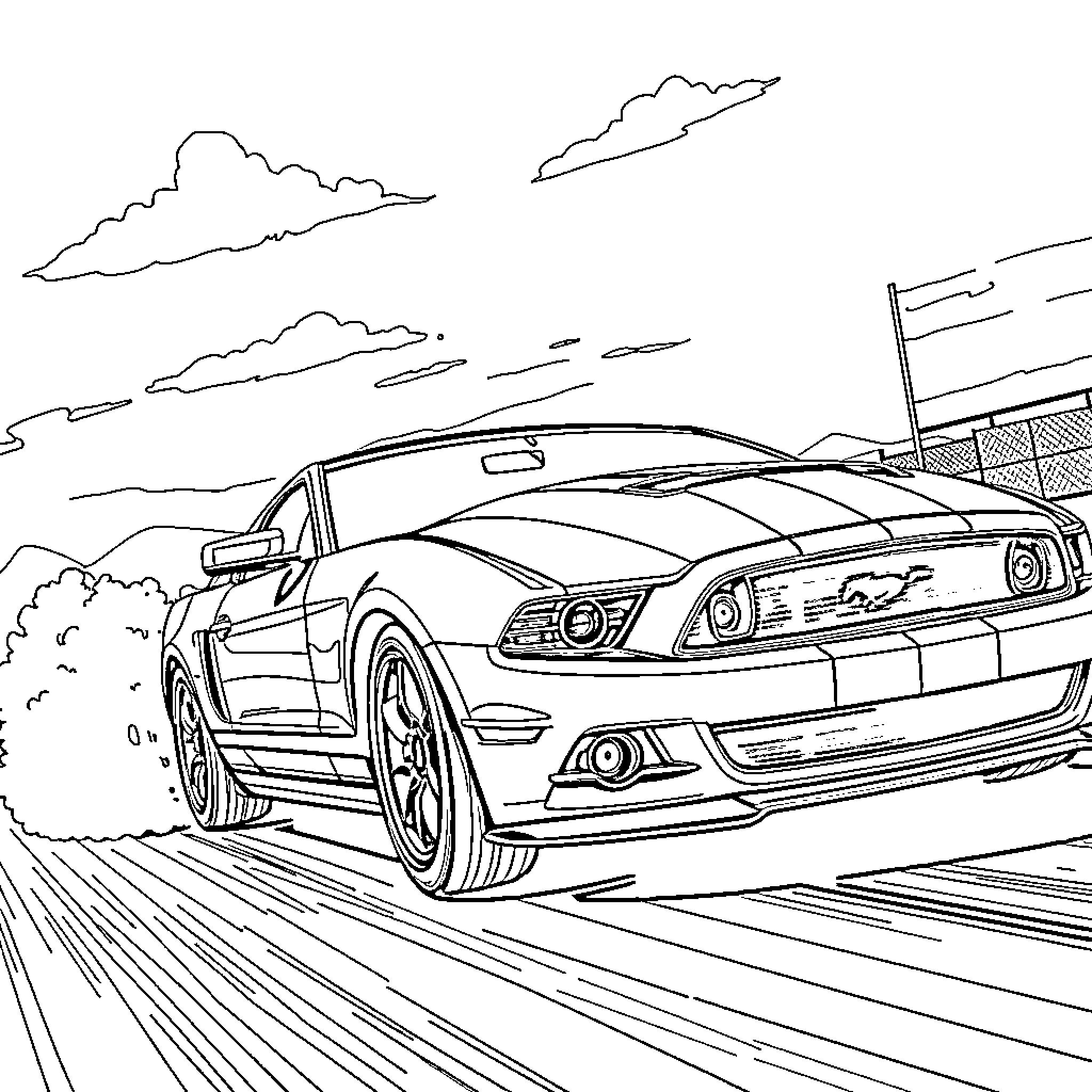 Mustang racing on the open road Coloring Page (free black-and-white line drawing printable PDF for all, from beginners to advanced learners, including children, teens, adults, and seniors)