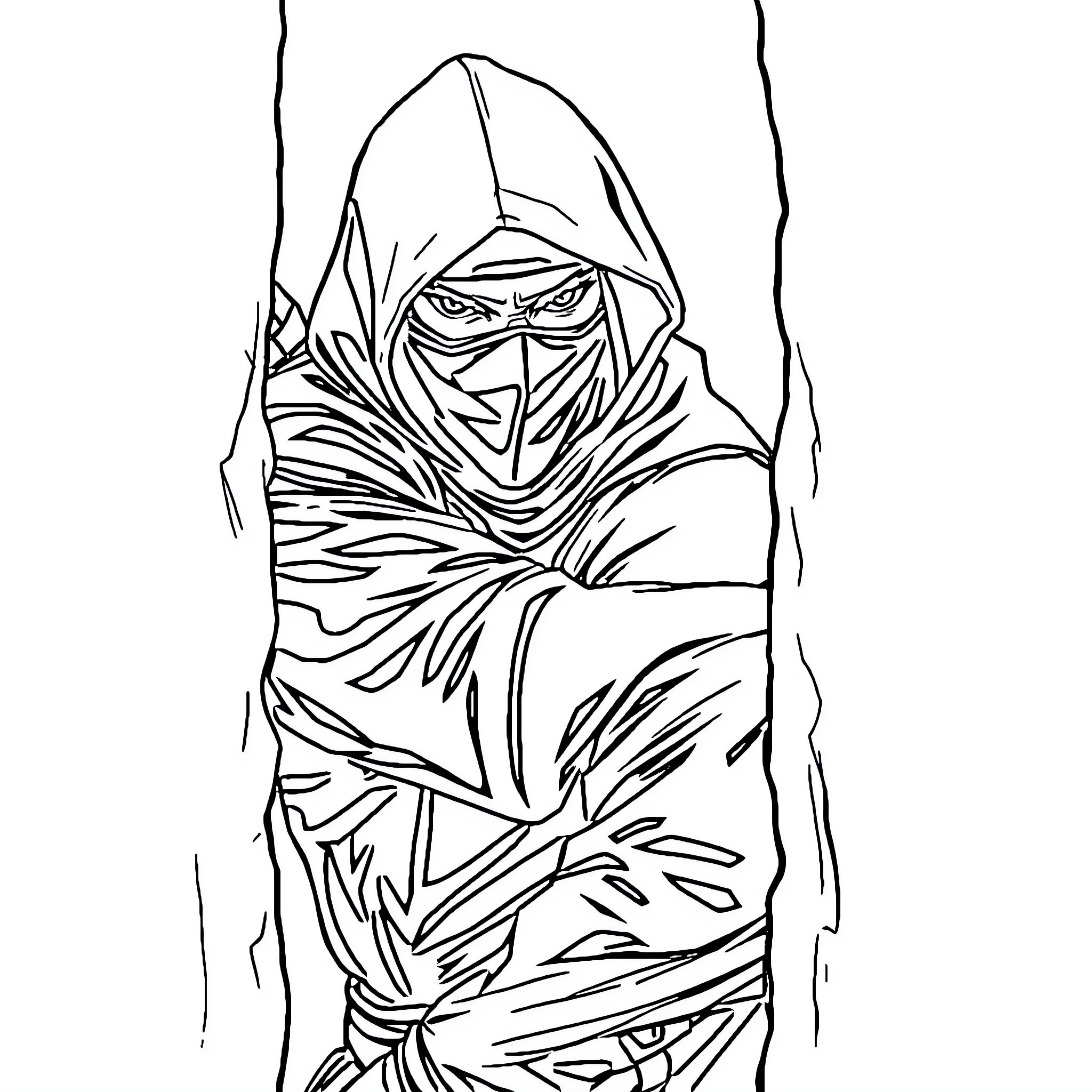 Ninja in hooded cloak with intense gaze Coloring Page (free black-and-white line drawing printable PDF for all, from beginners to advanced learners, including children, teens, adults, and seniors)