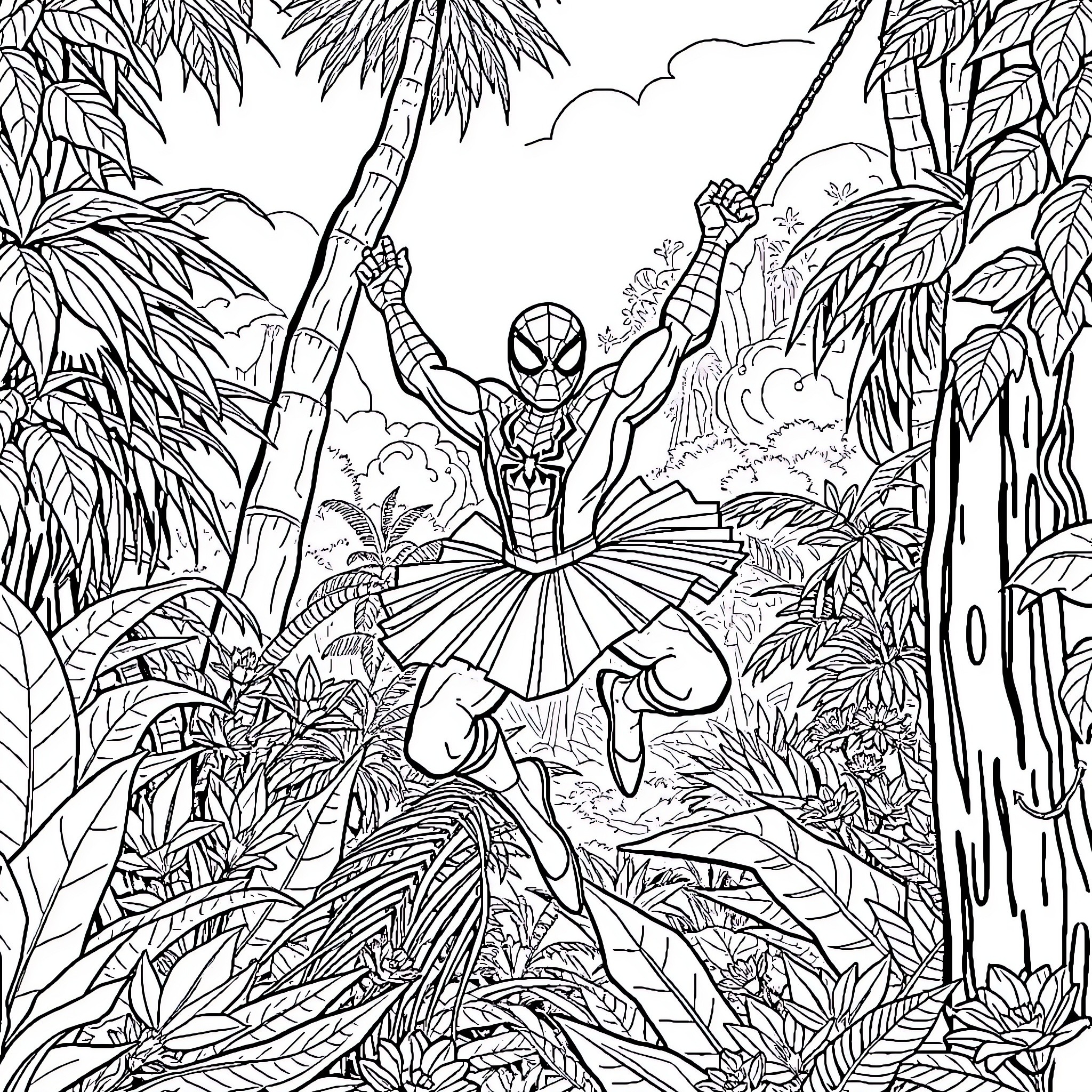 Spiderman swinging through the jungle Coloring Page (free black-and-white line drawing printable PDF for all, from beginners to advanced learners, including children, teens, adults, and seniors)