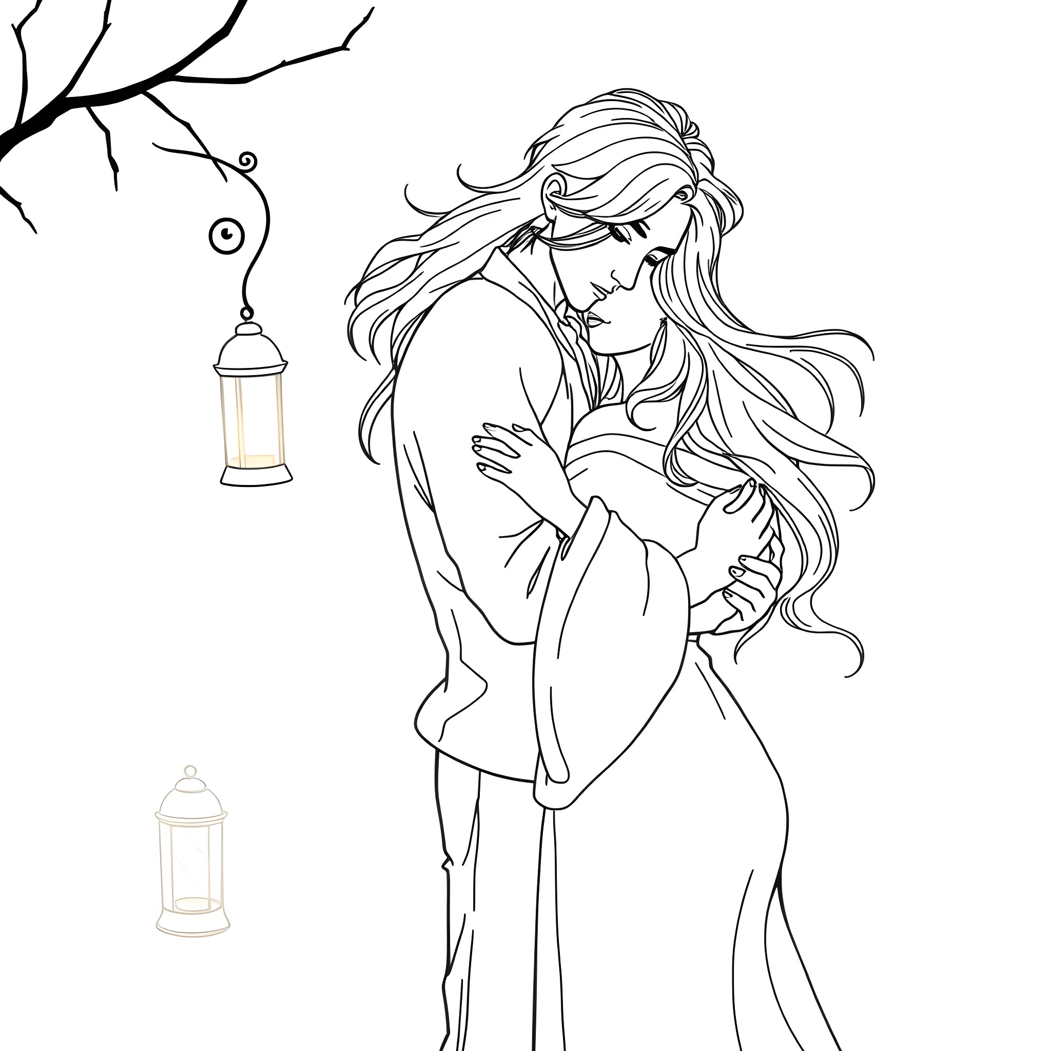 Man holding lantern in moonlit night Coloring Page (free black-and-white line drawing printable PDF for all, from beginners to advanced learners, including children, teens, adults, and seniors)