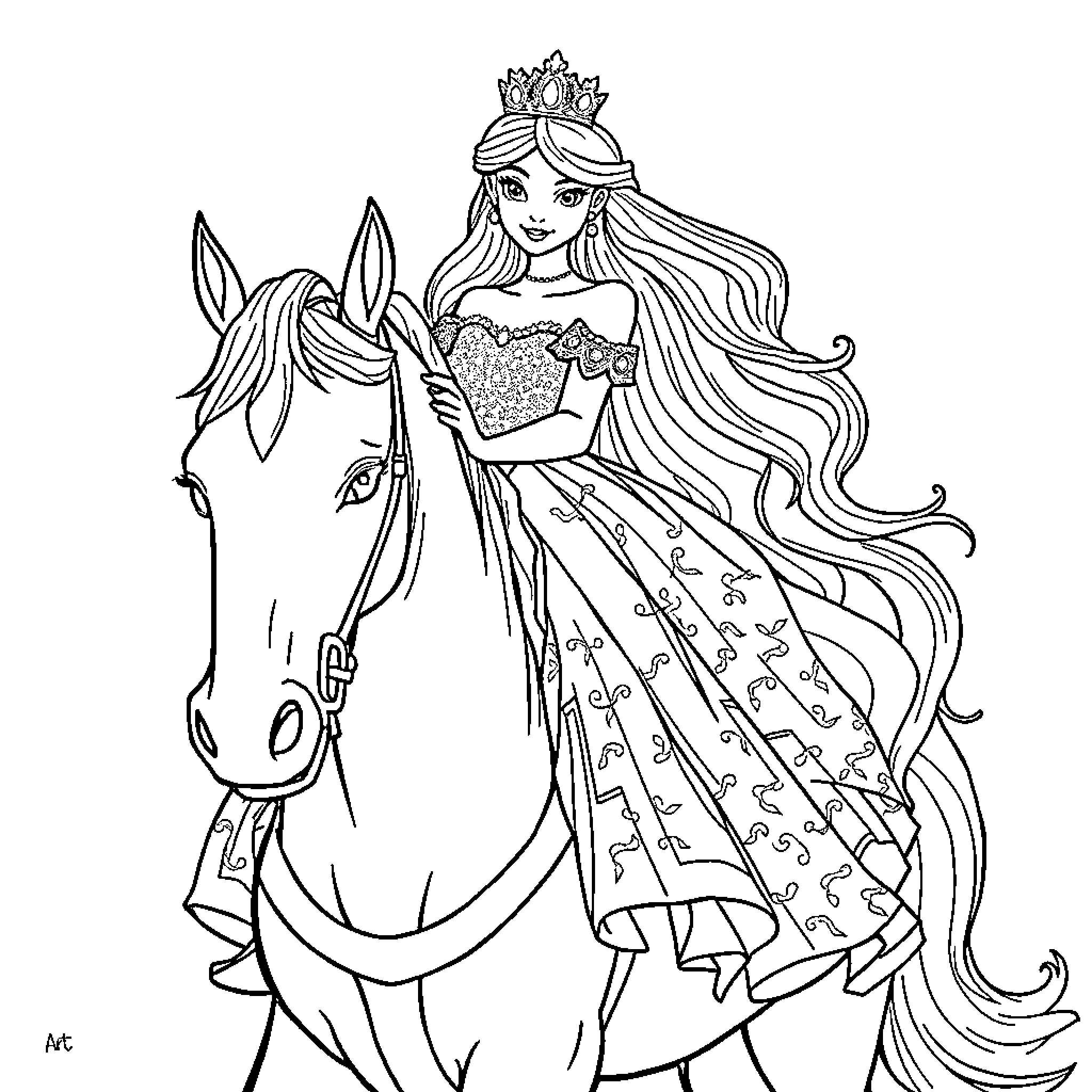 Princess in Fancy Dress with Adorned Horse Coloring Page (free black-and-white line drawing printable PDF for all, from beginners to advanced learners, including children, teens, adults, and seniors)