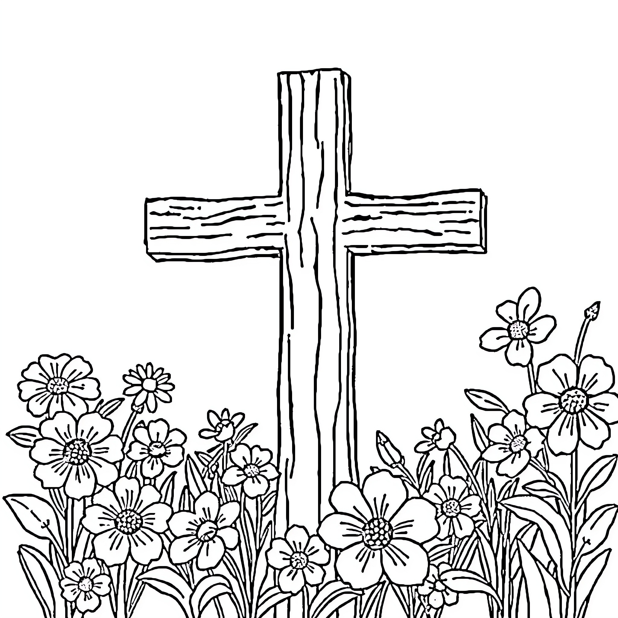 Cross Rising Above Flowering Garden Coloring Page (free black-and-white line drawing printable PDF for all, from beginners to advanced learners, including children, teens, adults, and seniors)