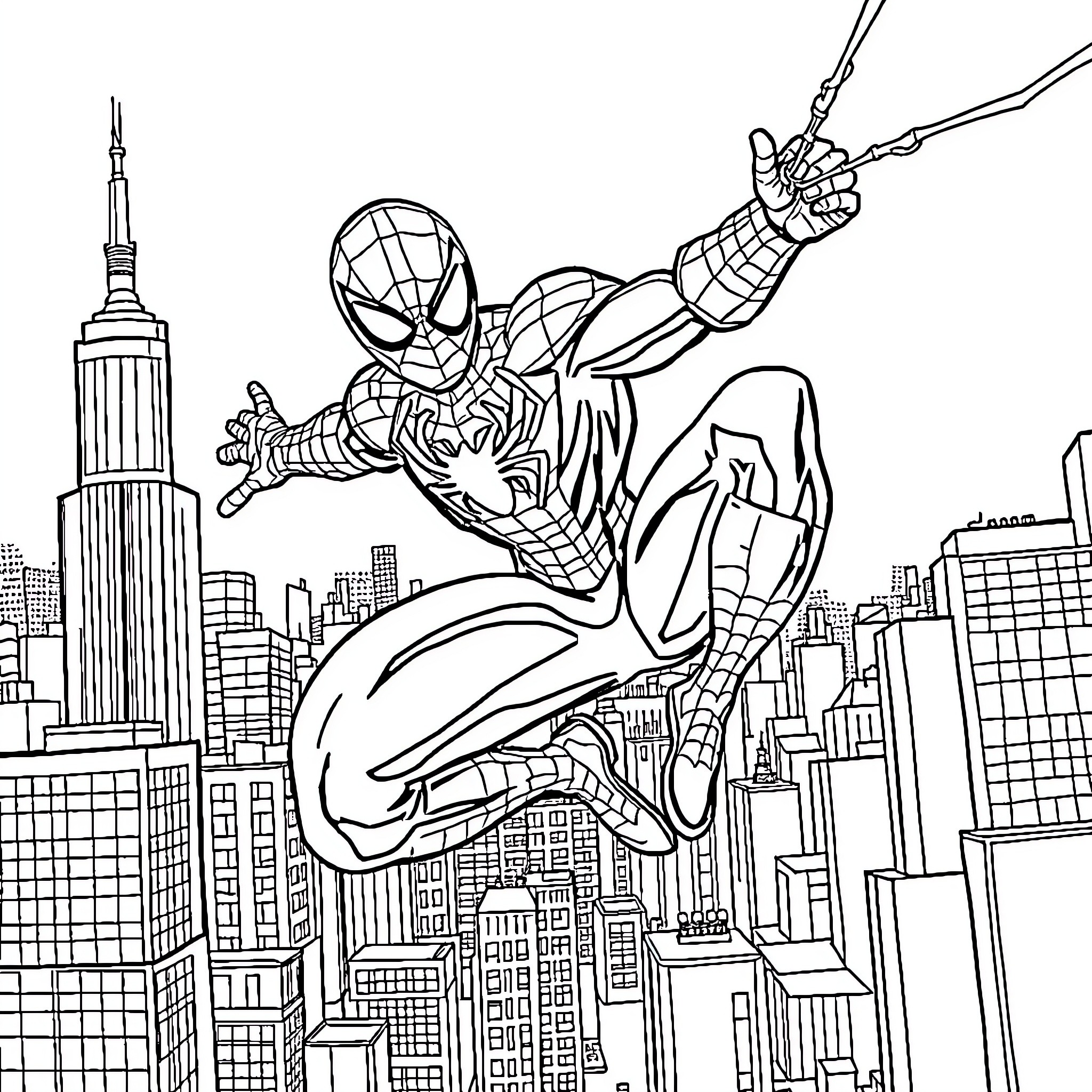 Spiderman swinging through the city skyline Coloring Page (free black-and-white line drawing printable PDF for all, from beginners to advanced learners, including children, teens, adults, and seniors)