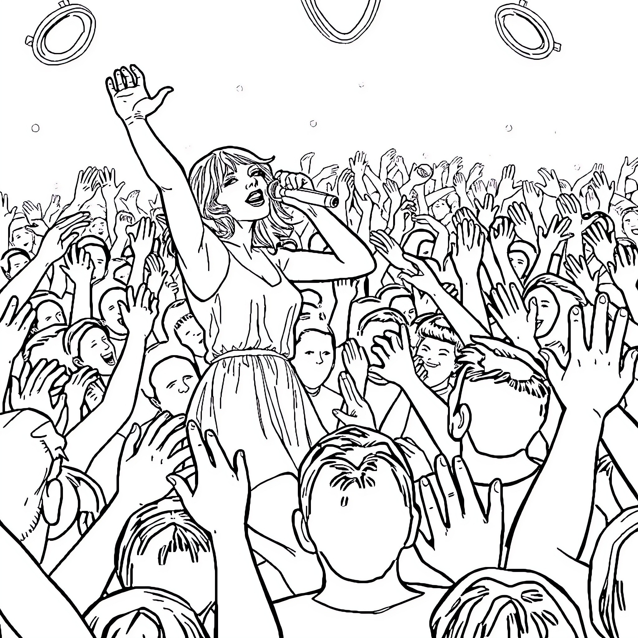 Taylor Swift performing passionately on stage with energetic crowd Coloring Page (free black-and-white line drawing printable PDF for all, from beginners to advanced learners, including children, teens, adults, and seniors)