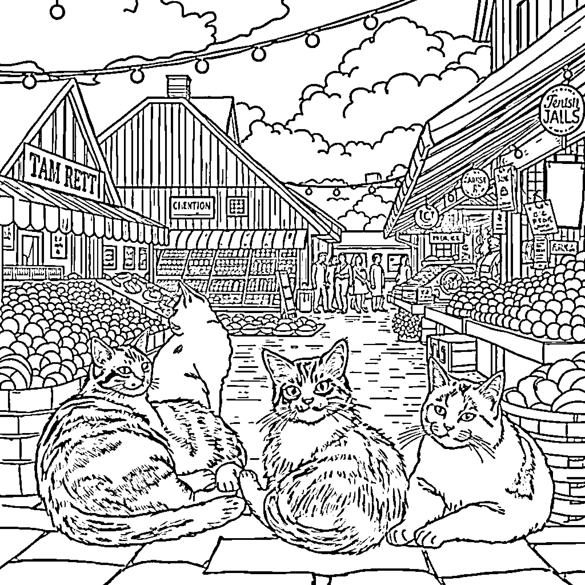 Cats exploring the lively city scene Coloring Page (free black-and-white line drawing printable PDF for all, from beginners to advanced learners, including children, teens, adults, and seniors)