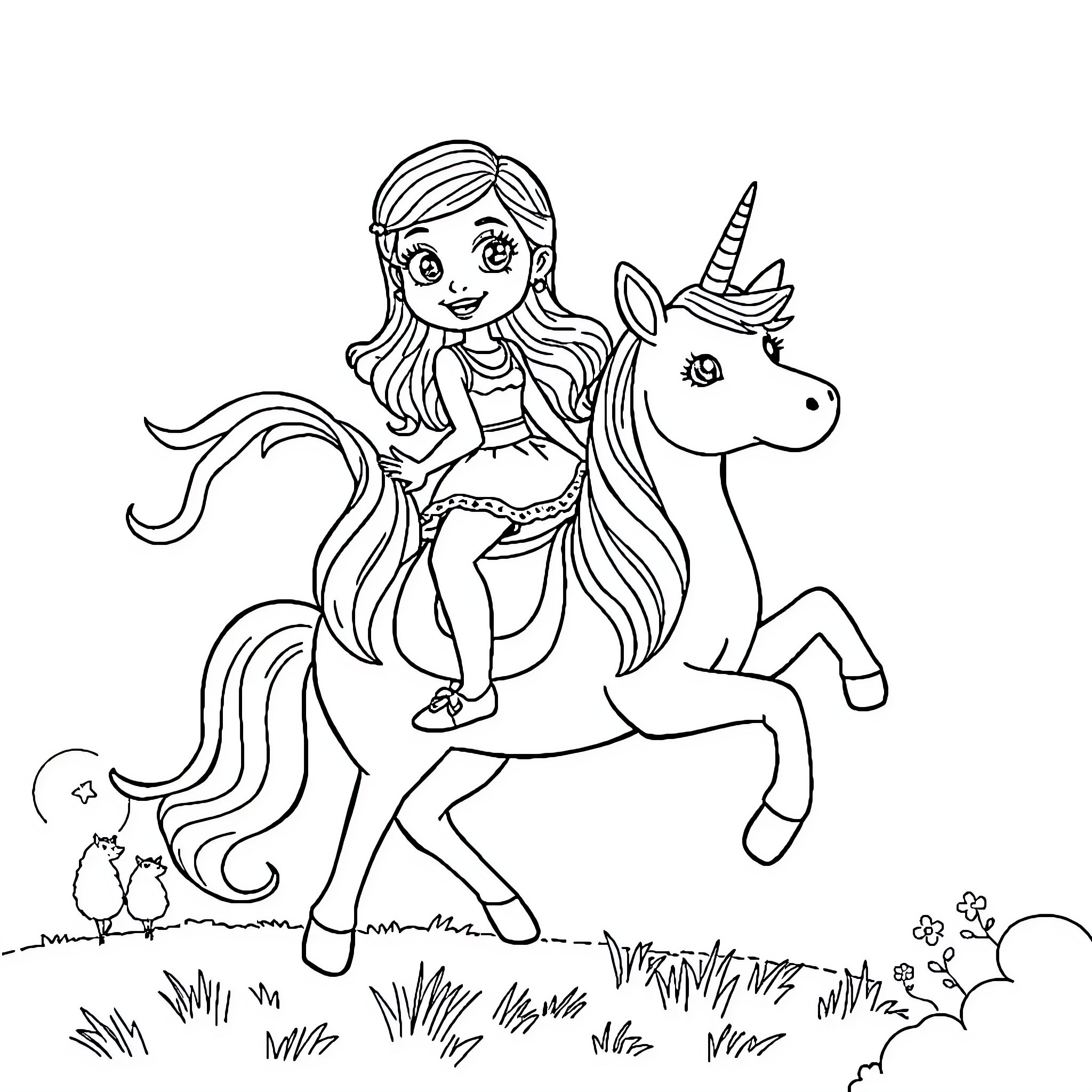 Gabby's Magical Unicorn Ride Coloring Page (free black-and-white line drawing printable PDF for all, from beginners to advanced learners, including children, teens, adults, and seniors)