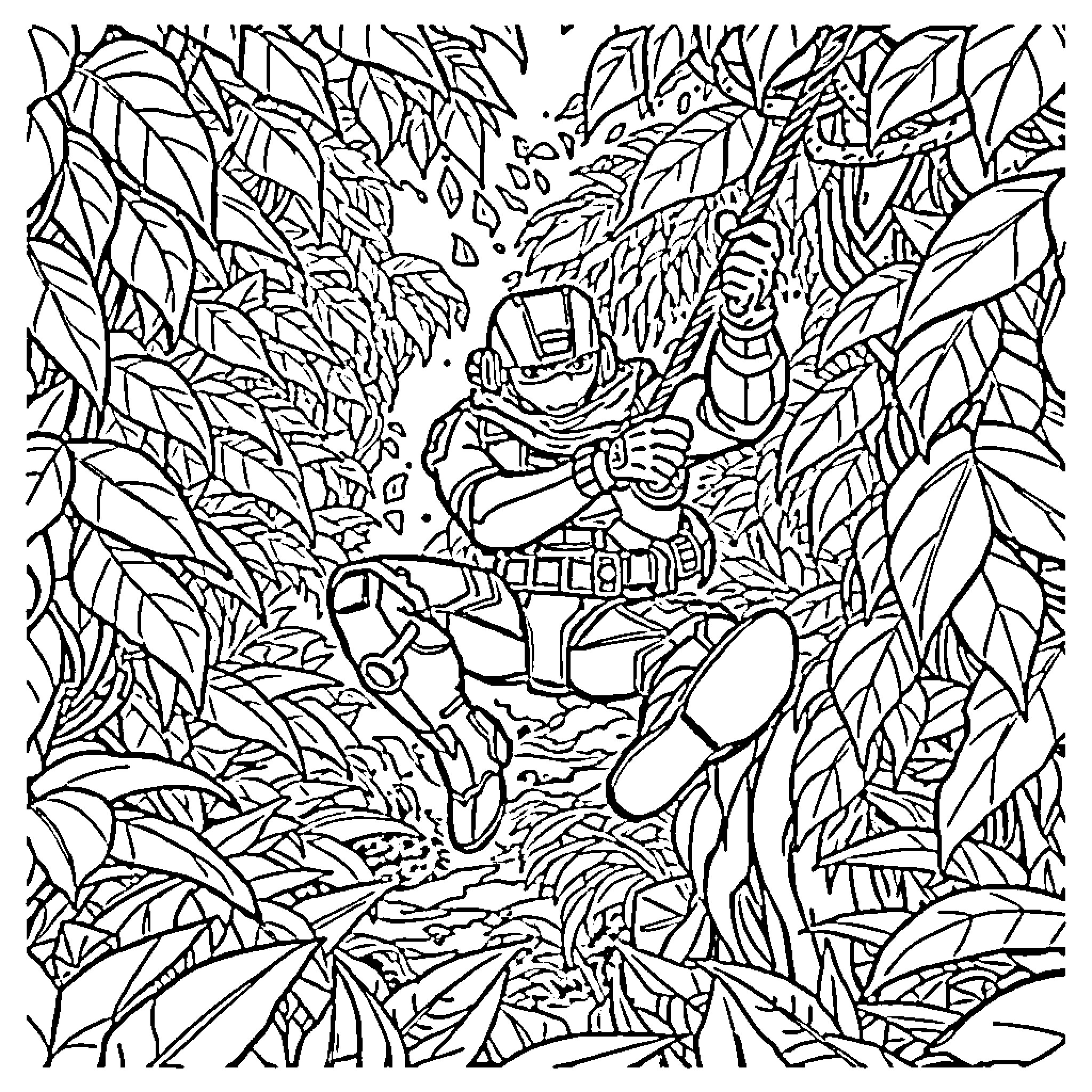 Master Chief journeying through the lush jungle Coloring Page (free black-and-white line drawing printable PDF for all, from beginners to advanced learners, including children, teens, adults, and seniors)
