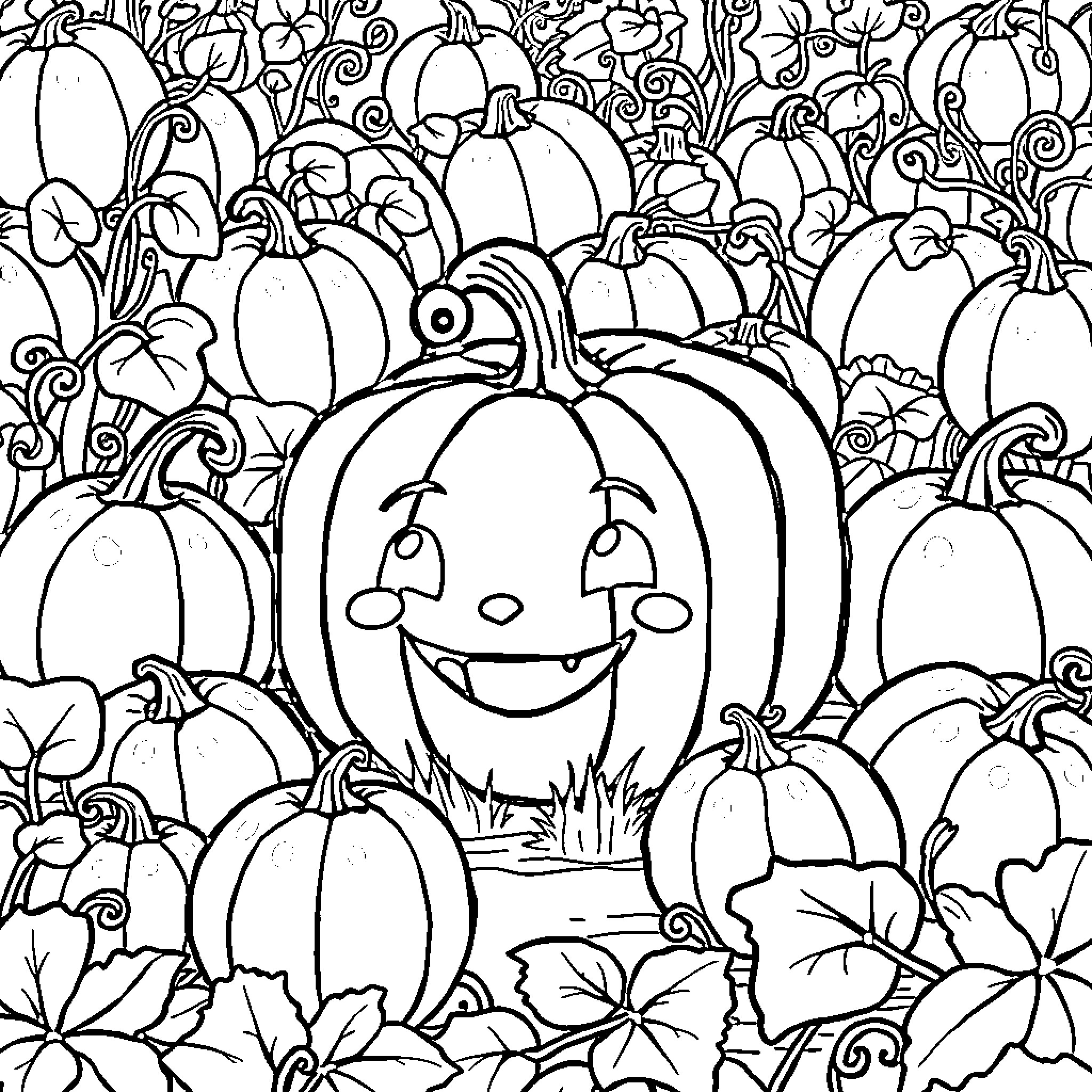 Pumpkin Patch with Smiling Jack-o'-lanterns Coloring Page (free black-and-white line drawing printable PDF for all, from beginners to advanced learners, including children, teens, adults, and seniors)