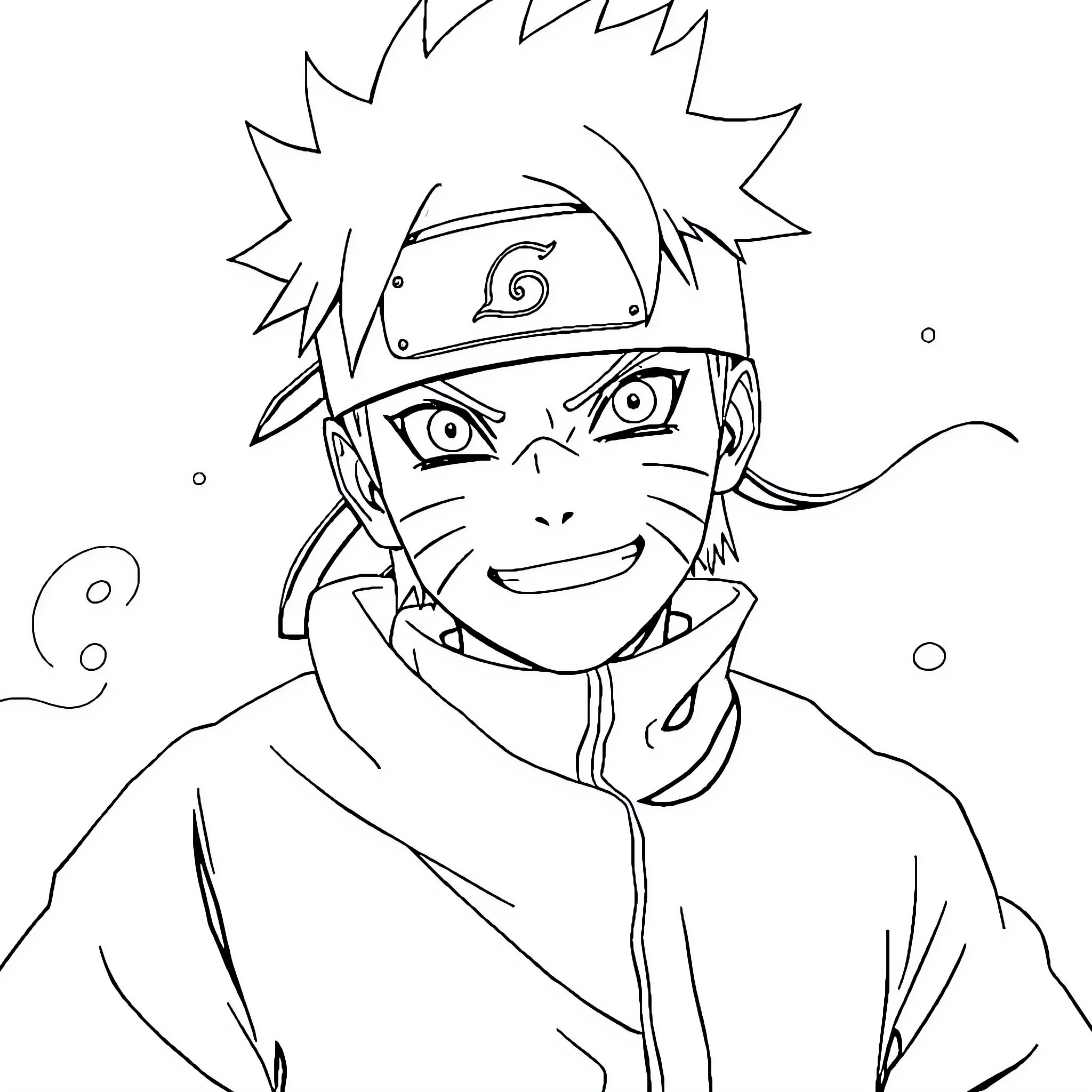 Naruto smiling with ninja headband and outfit Coloring Page (free black-and-white line drawing printable PDF for all, from beginners to advanced learners, including children, teens, adults, and seniors)