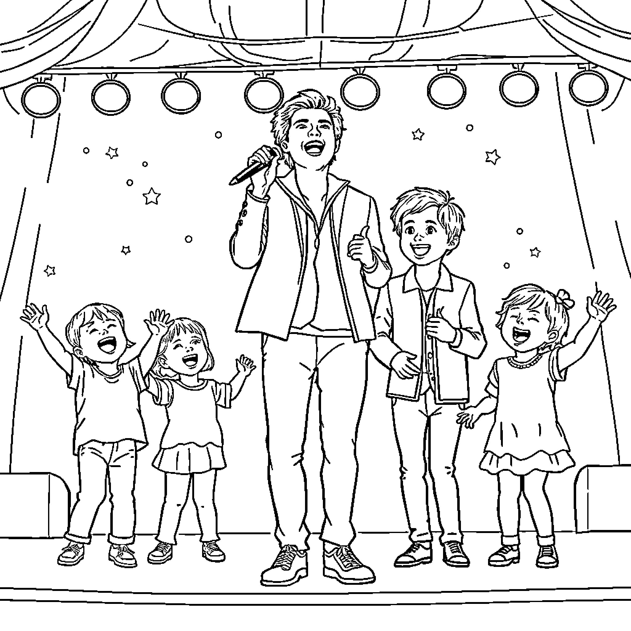 Harry Styles Performing with Children on Stage Coloring Page (free black-and-white line drawing printable PDF for all, from beginners to advanced learners, including children, teens, adults, and seniors)