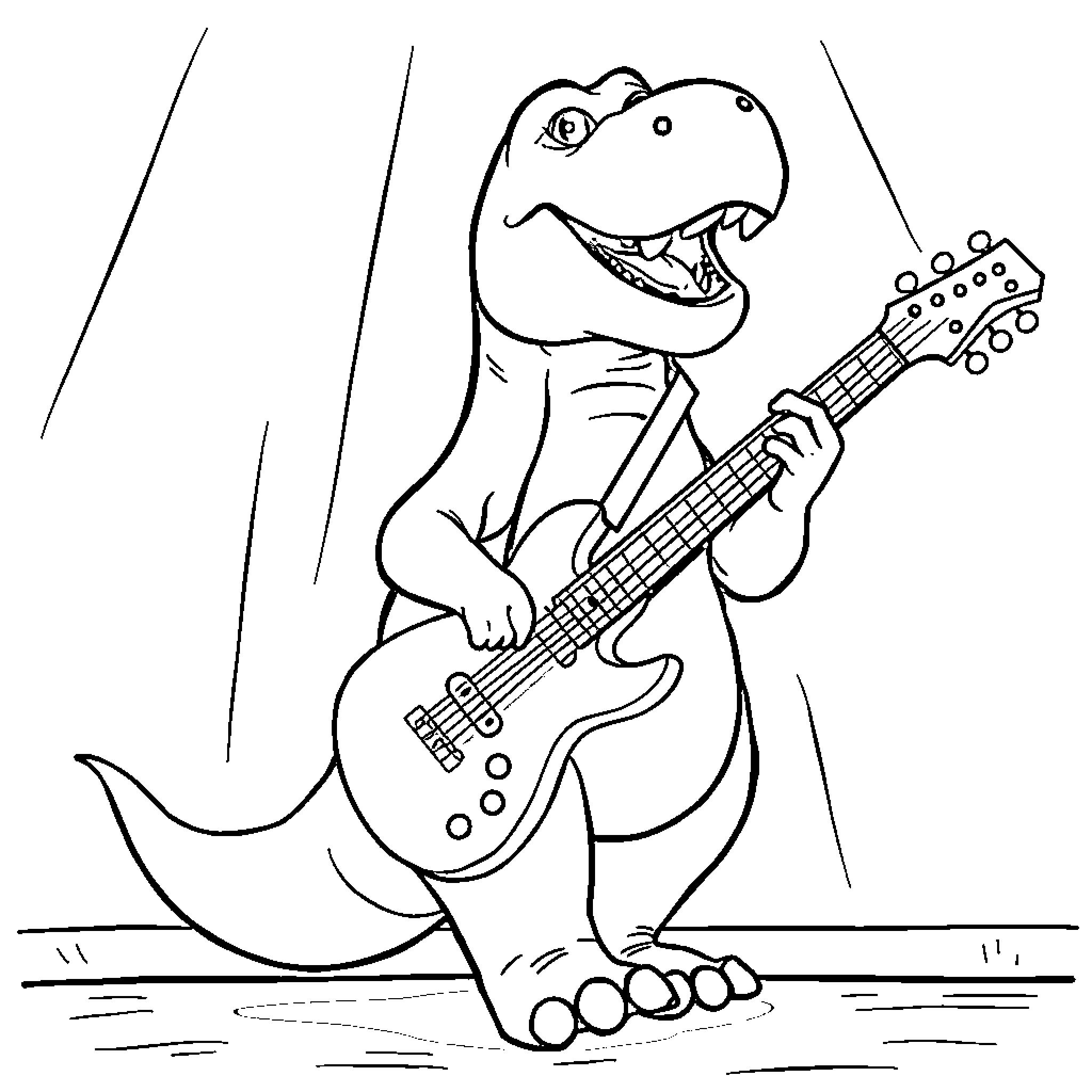 Barney the dinosaur rocking out with his guitar Coloring Page (free black-and-white line drawing printable PDF for all, from beginners to advanced learners, including children, teens, adults, and seniors)