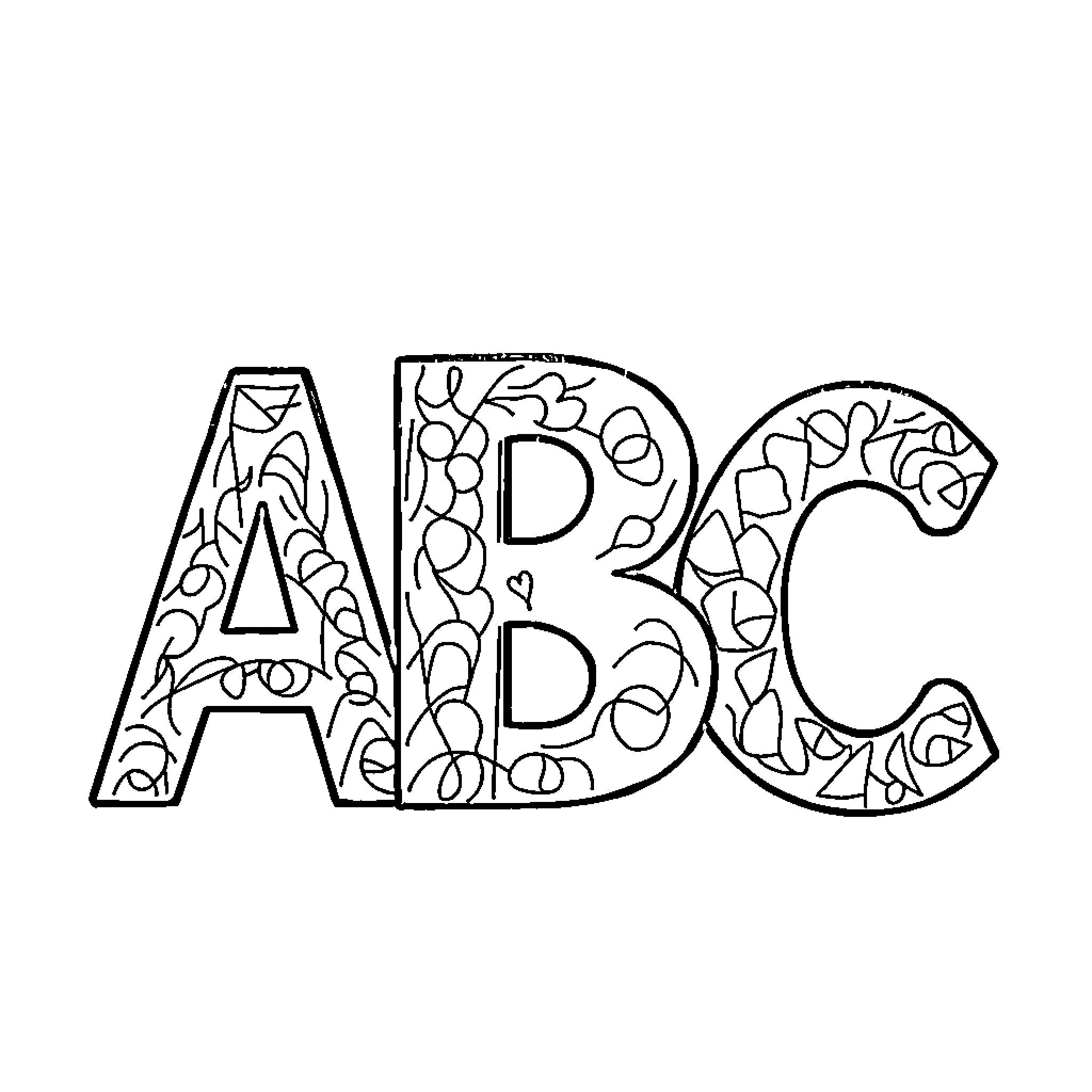 ABC Ornamental Alphabet Letters Coloring Page (free black-and-white line drawing printable PDF for all, from beginners to advanced learners, including children, teens, adults, and seniors)