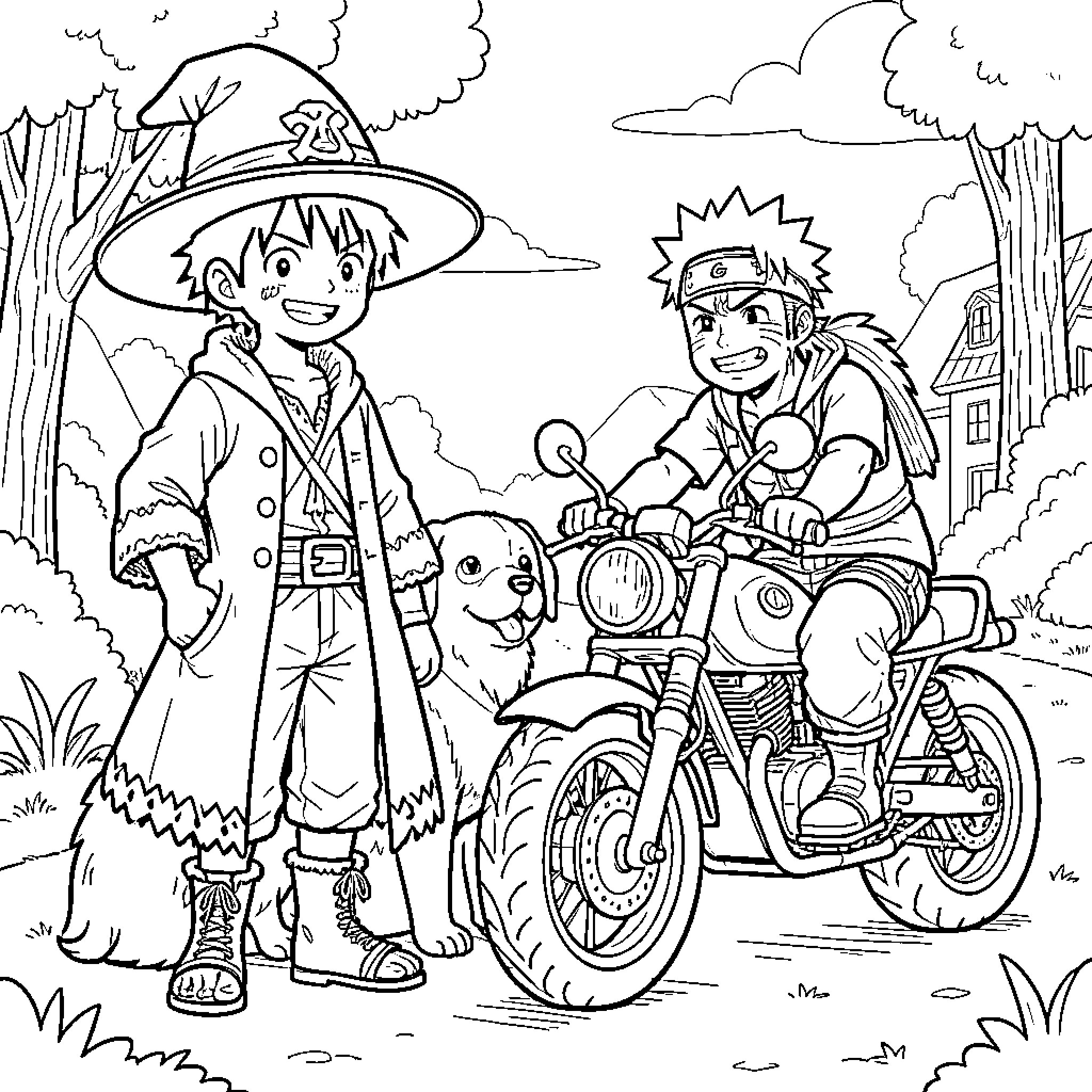 Luffy's Adventure with Motorcycle and Friends Coloring Page (free black-and-white line drawing printable PDF for all, from beginners to advanced learners, including children, teens, adults, and seniors)