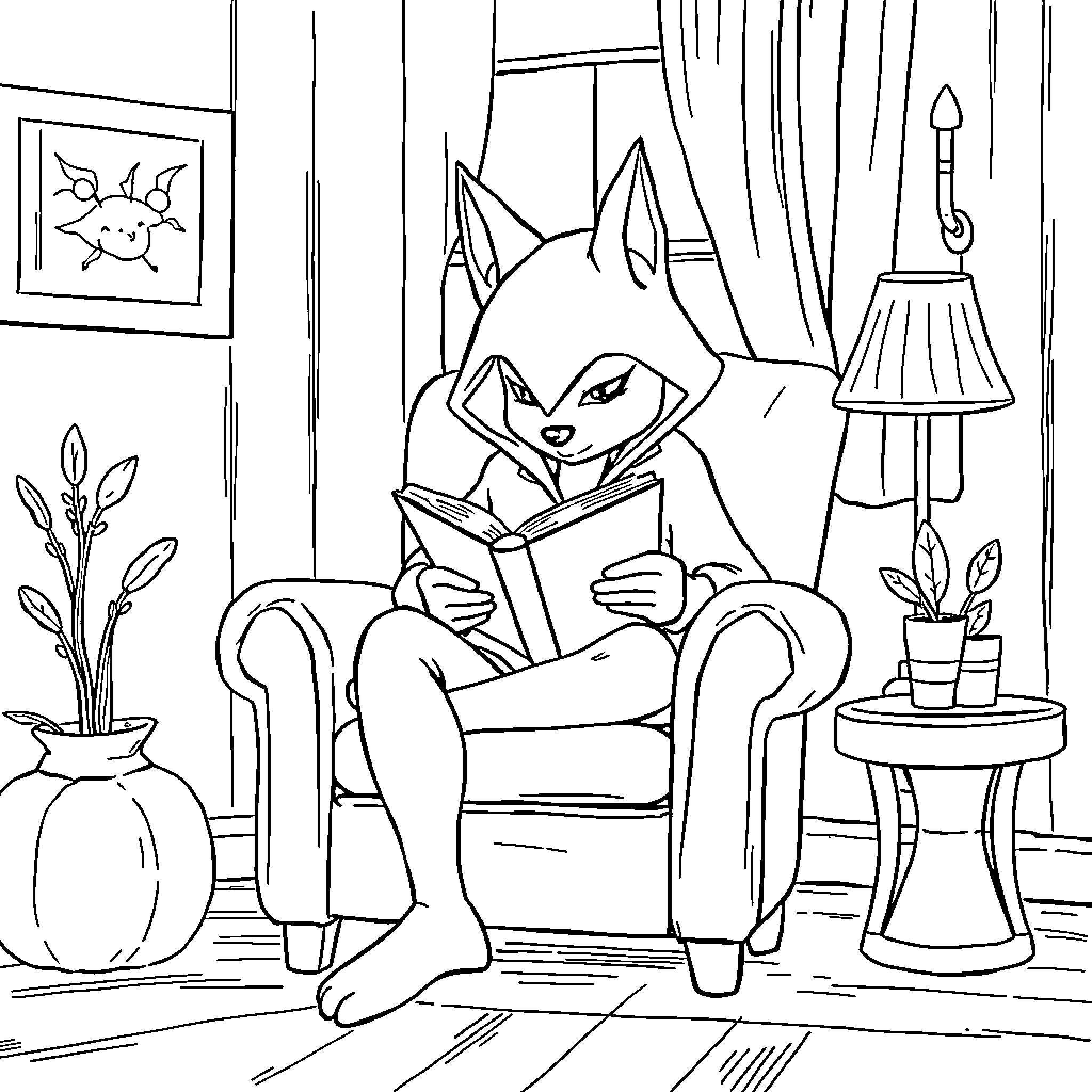 Red Hood reading a book in cozy interior Coloring Page (free black-and-white line drawing printable PDF for all, from beginners to advanced learners, including children, teens, adults, and seniors)