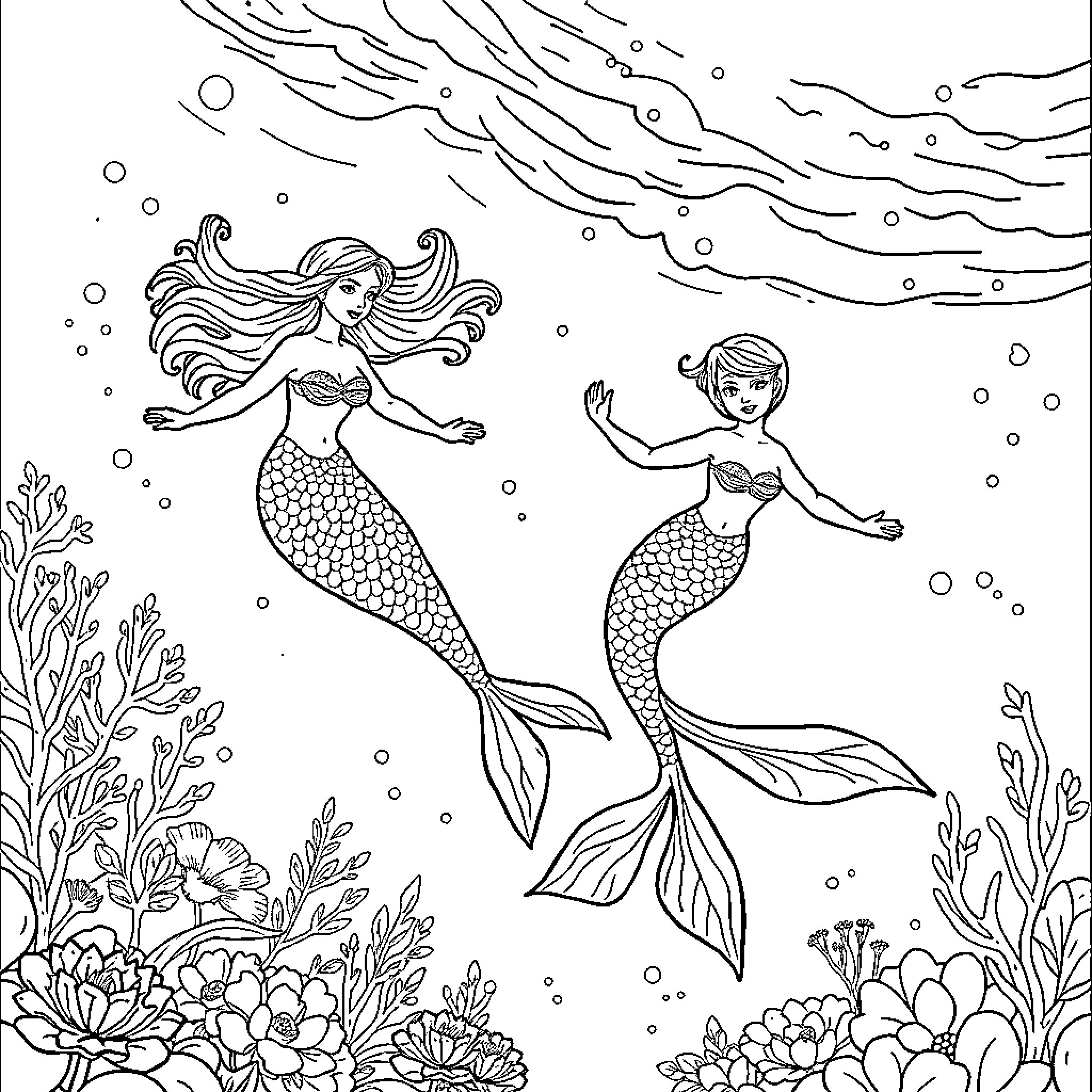 Mermaid Gracefully Swims Underwater with Friends Coloring Page (free black-and-white line drawing printable PDF for all, from beginners to advanced learners, including children, teens, adults, and seniors)