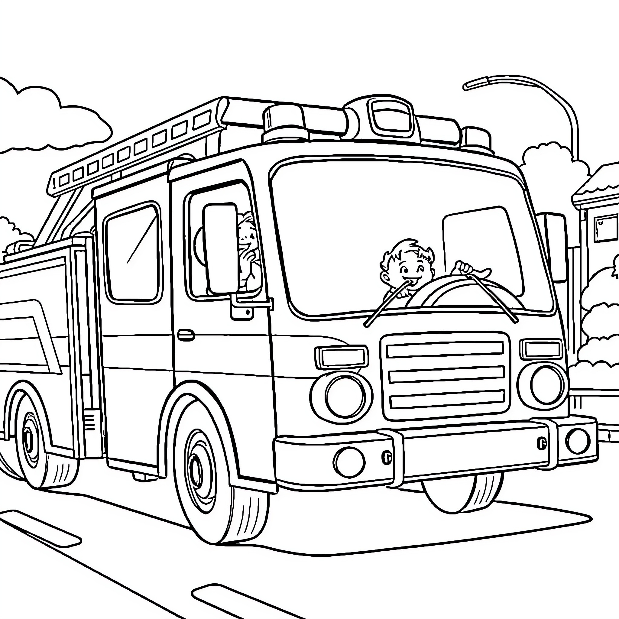Fire Truck Rushing to the Scene Coloring Page (free black-and-white line drawing printable PDF for all, from beginners to advanced learners, including children, teens, adults, and seniors)