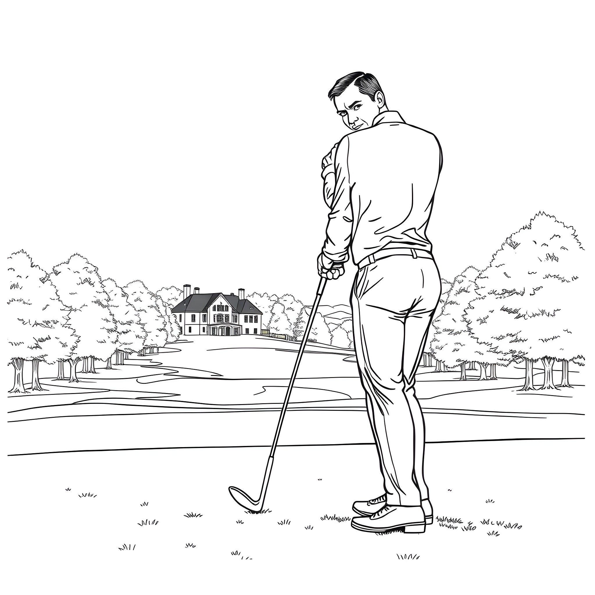 James Bond golfing on a scenic course Coloring Page (free black-and-white line drawing printable PDF for all, from beginners to advanced learners, including children, teens, adults, and seniors)