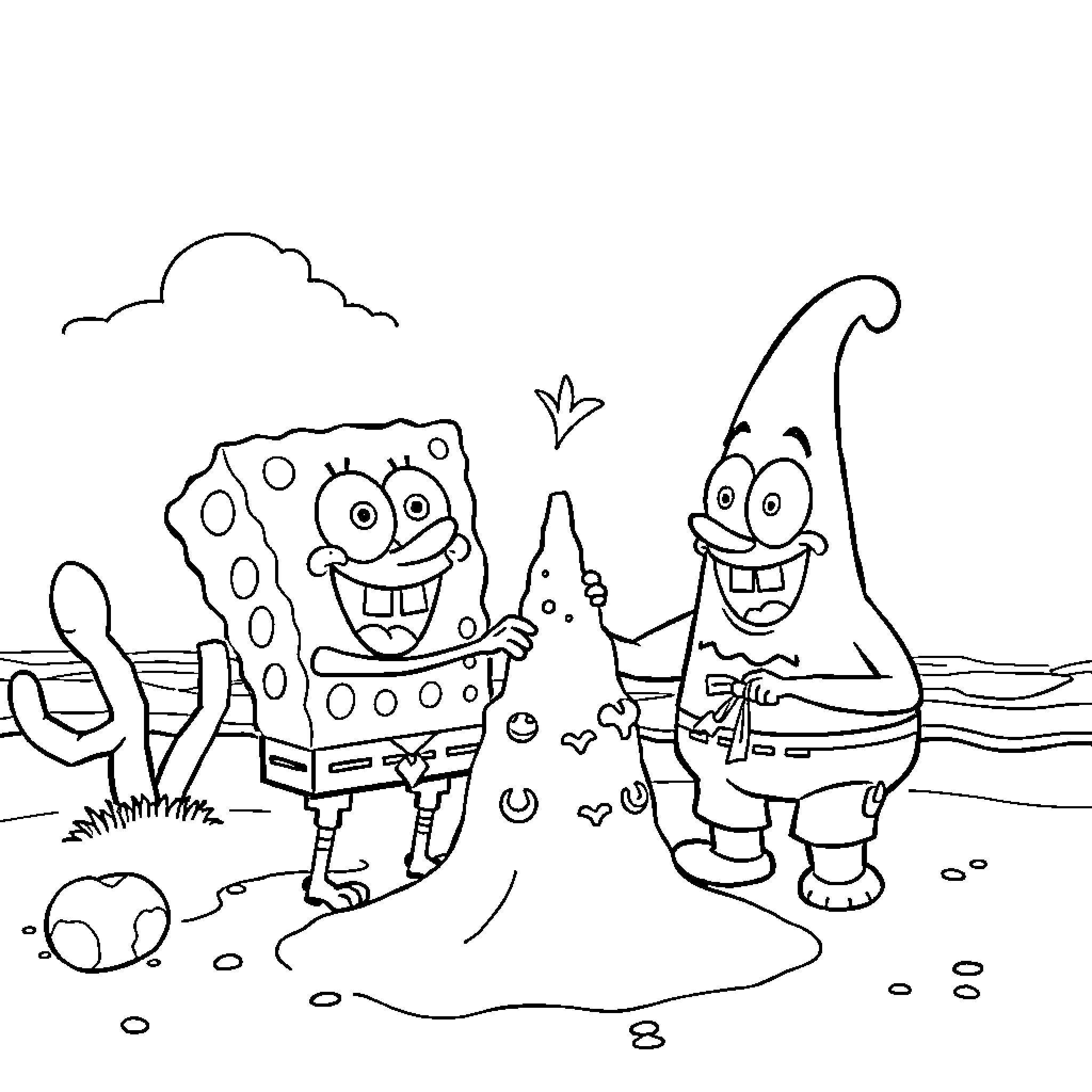 Spongebob and Patrick having fun at the beach Coloring Page (free black-and-white line drawing printable PDF for all, from beginners to advanced learners, including children, teens, adults, and seniors)