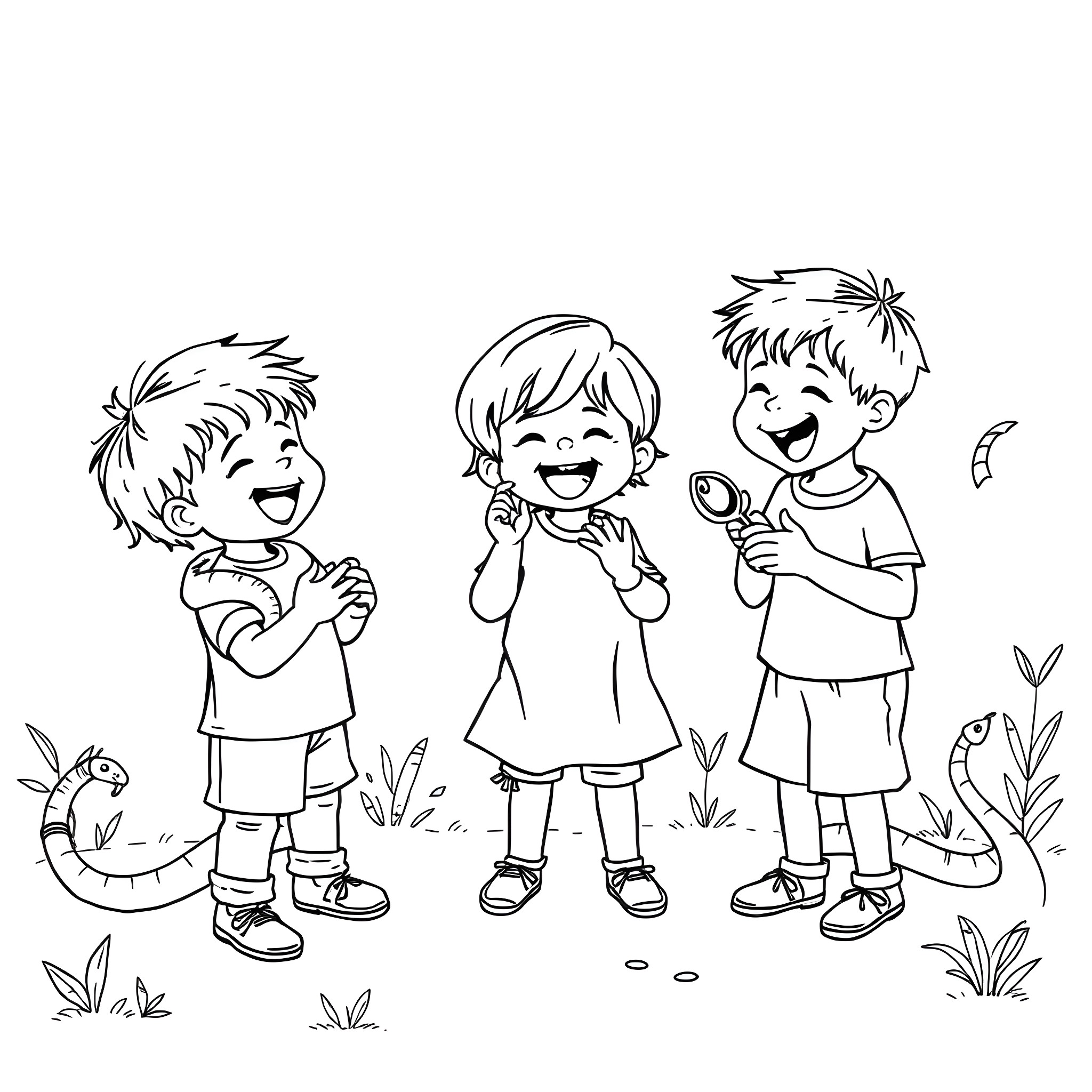Children playing happily in the park Coloring Page (free black-and-white line drawing printable PDF for all, from beginners to advanced learners, including children, teens, adults, and seniors)