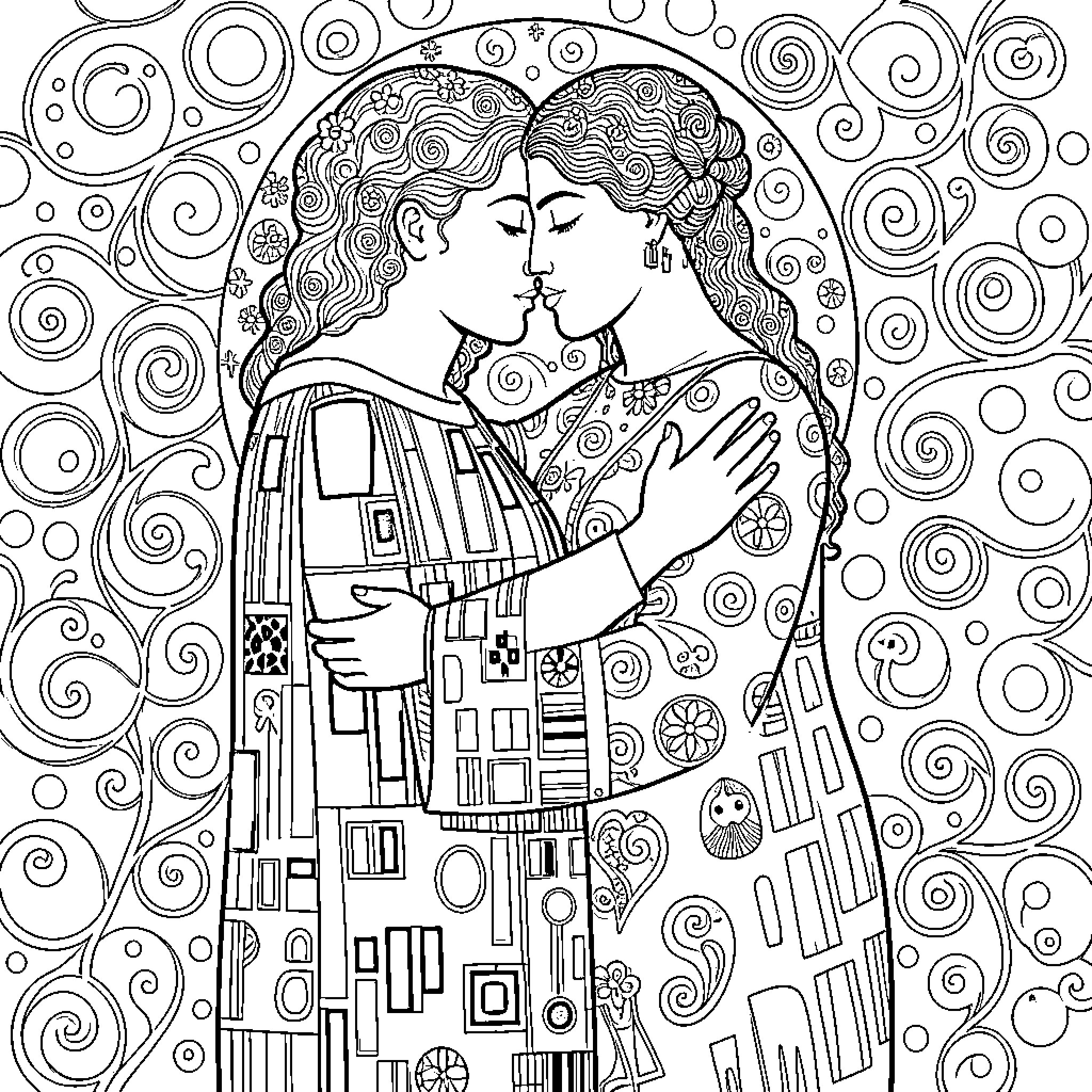 Kiss of Lovers in Artistic Embrace Coloring Page (free black-and-white line drawing printable PDF for all, from beginners to advanced learners, including children, teens, adults, and seniors)