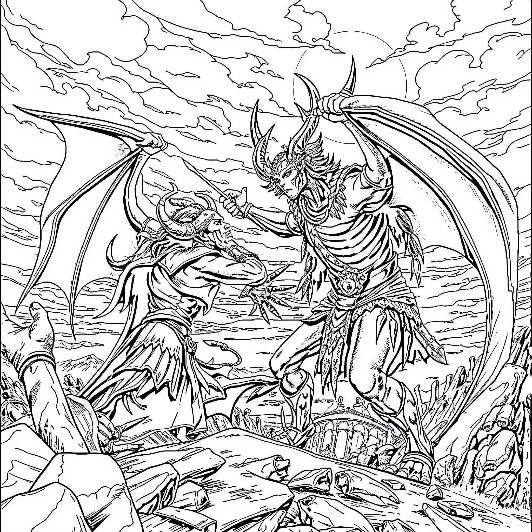 Demon Slayer Fierce Battle in Stormy Skies Coloring Page (free black-and-white line drawing printable PDF for all, from beginners to advanced learners, including children, teens, adults, and seniors)