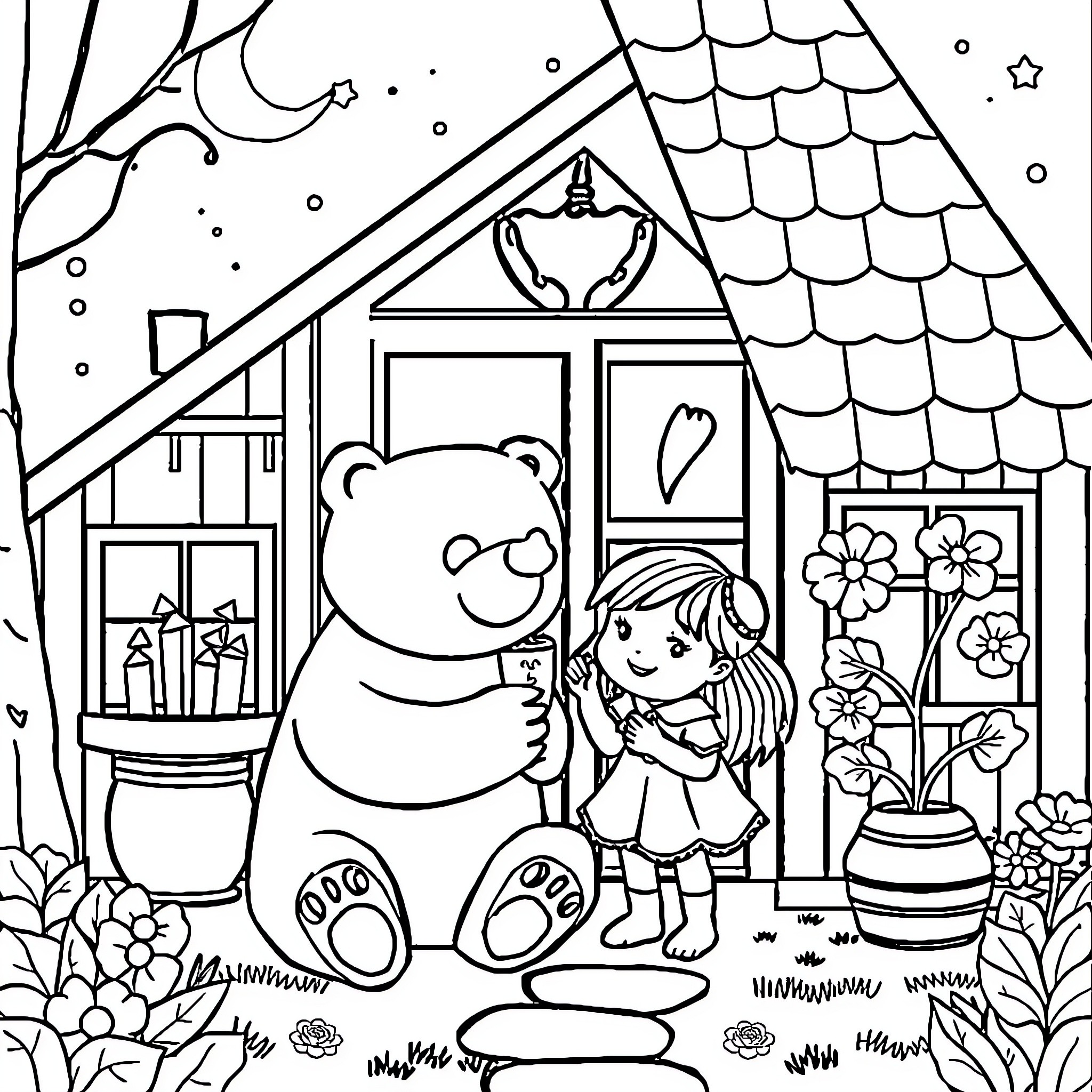 Bear playing with a young girl outside a cozy cottage Coloring Page (free black-and-white line drawing printable PDF for all, from beginners to advanced learners, including children, teens, adults, and seniors)