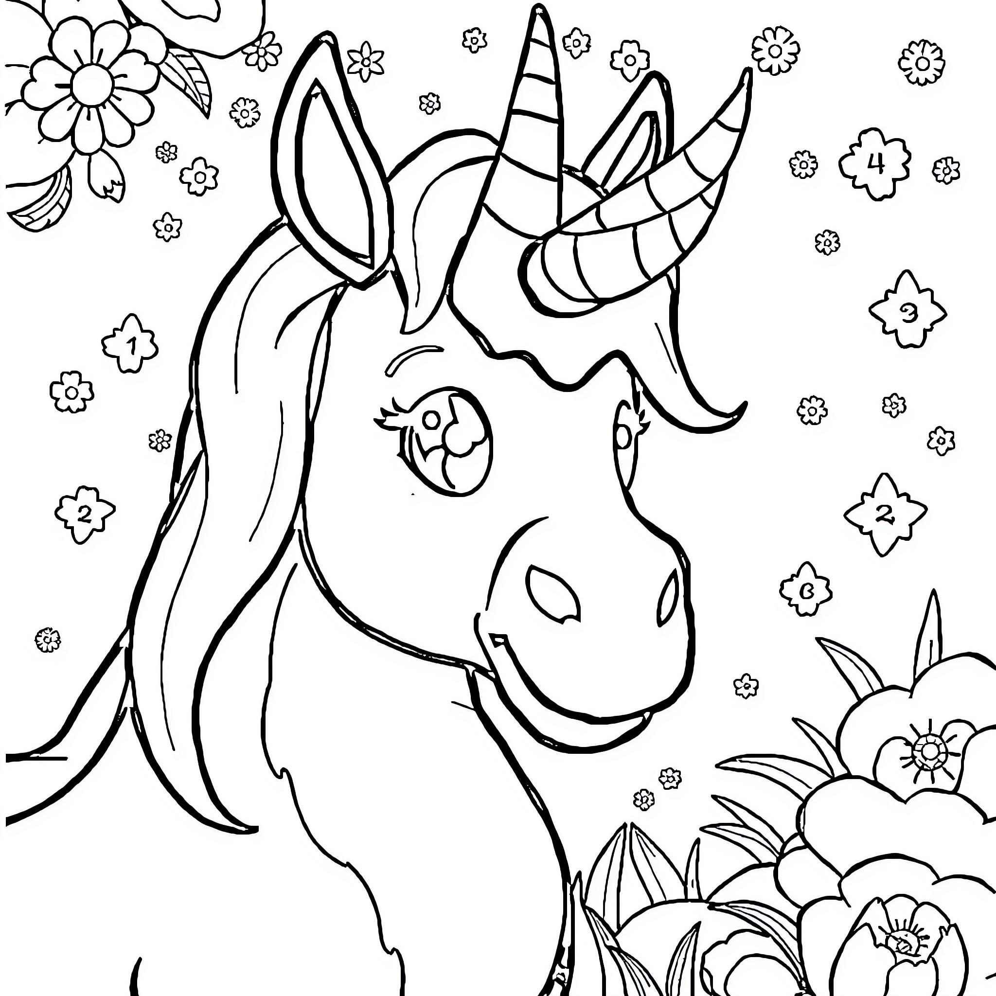 Donkey with a unicorn horn in a floral scene Coloring Page (free black-and-white line drawing printable PDF for all, from beginners to advanced learners, including children, teens, adults, and seniors)