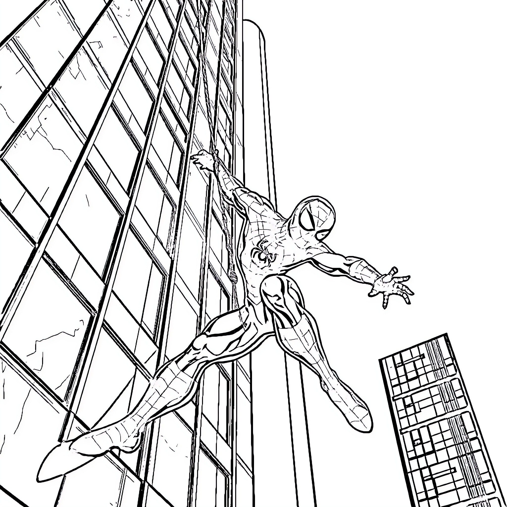 Spiderman swinging through the city skyline Coloring Page (free black-and-white line drawing printable PDF for all, from beginners to advanced learners, including children, teens, adults, and seniors)
