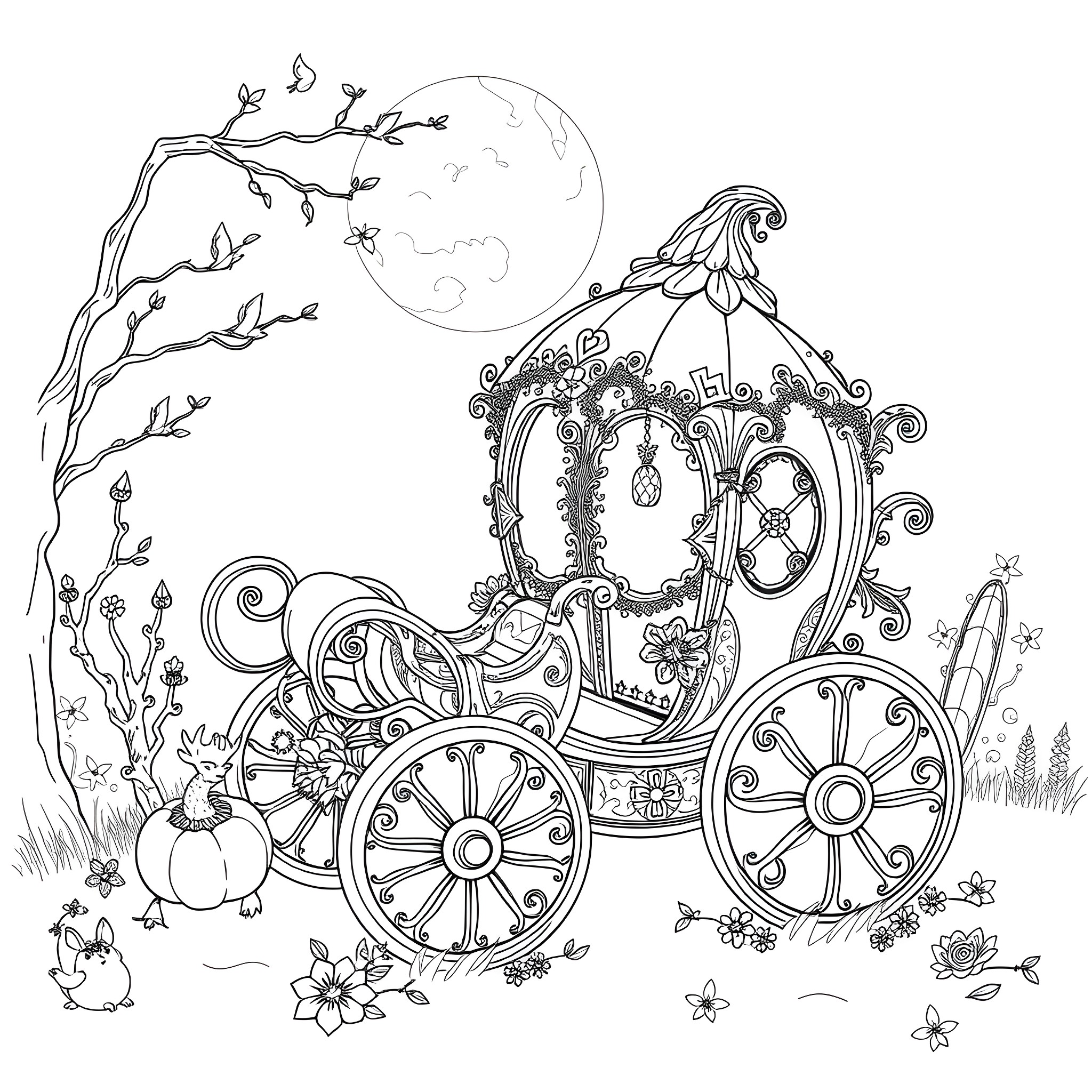 Cinderella's enchanted carriage in the moonlit forest Coloring Page (free black-and-white line drawing printable PDF for all, from beginners to advanced learners, including children, teens, adults, and seniors)