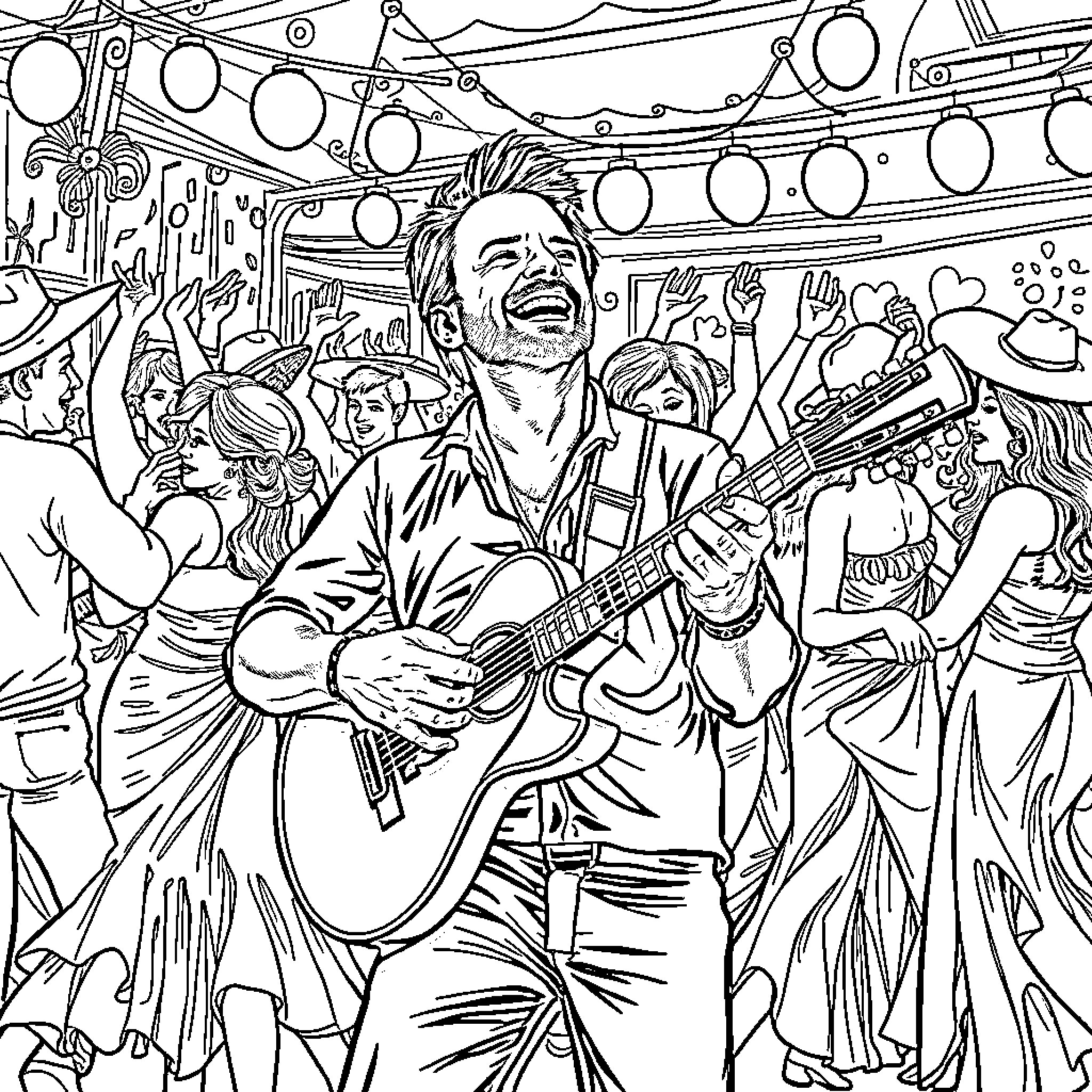 James Hetfield Performing with Energy on Stage Coloring Page (free black-and-white line drawing printable PDF for all, from beginners to advanced learners, including children, teens, adults, and seniors)