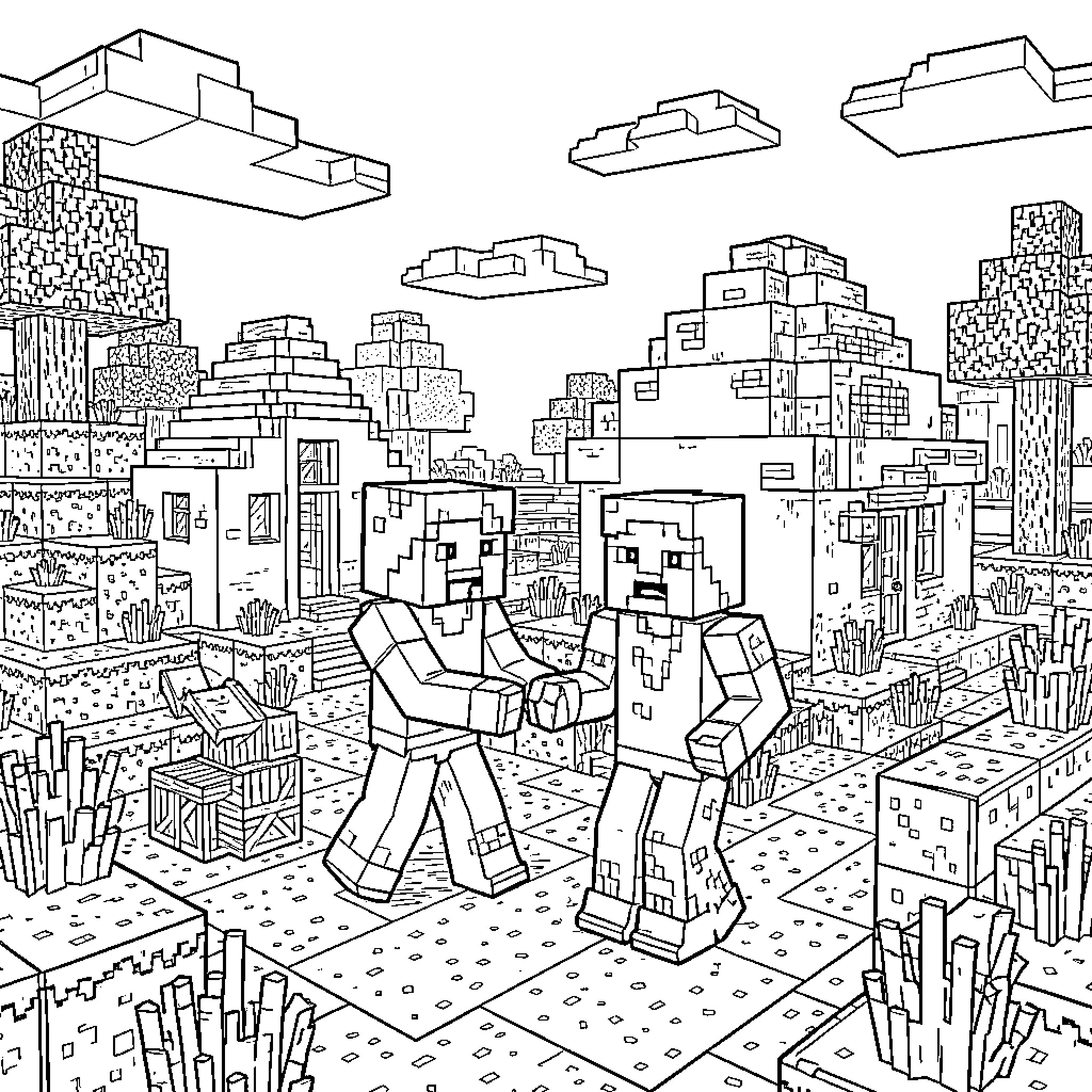 Personas in a Futuristic Cityscape Coloring Page (free black-and-white line drawing printable PDF for all, from beginners to advanced learners, including children, teens, adults, and seniors)
