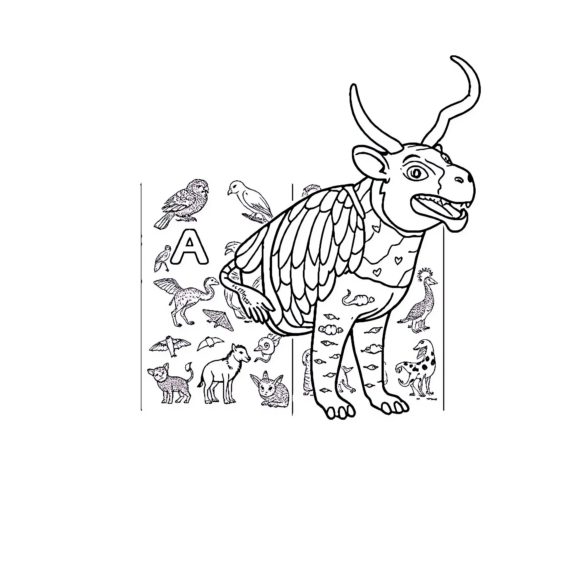 Animal with Fanciful Creature Companions Coloring Page (free black-and-white line drawing printable PDF for all, from beginners to advanced learners, including children, teens, adults, and seniors)
