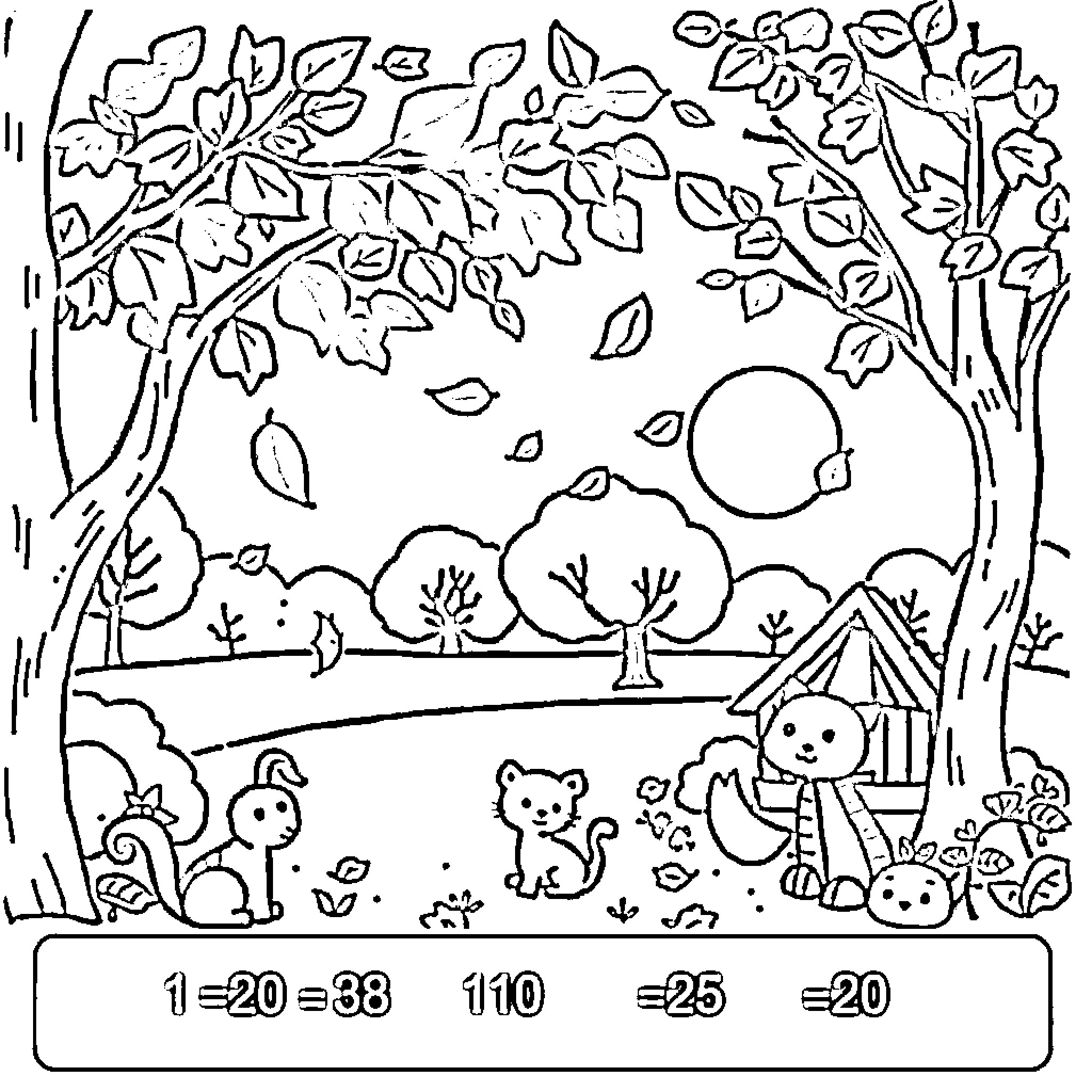 Animal friends enjoying the autumn outdoors Coloring Page (free black-and-white line drawing printable PDF for all, from beginners to advanced learners, including children, teens, adults, and seniors)