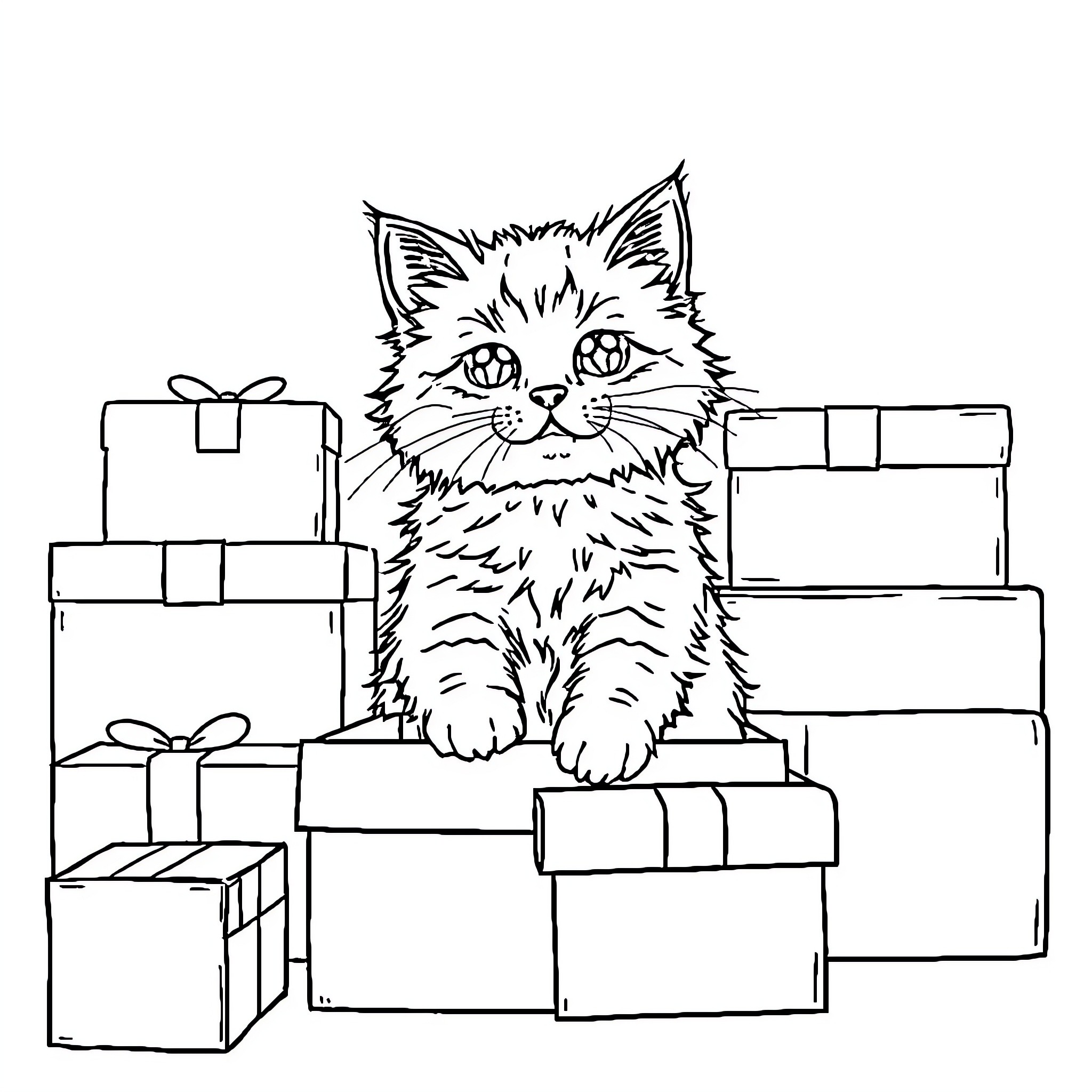 Cat surrounded by gift boxes Coloring Page (free black-and-white line drawing printable PDF for all, from beginners to advanced learners, including children, teens, adults, and seniors)