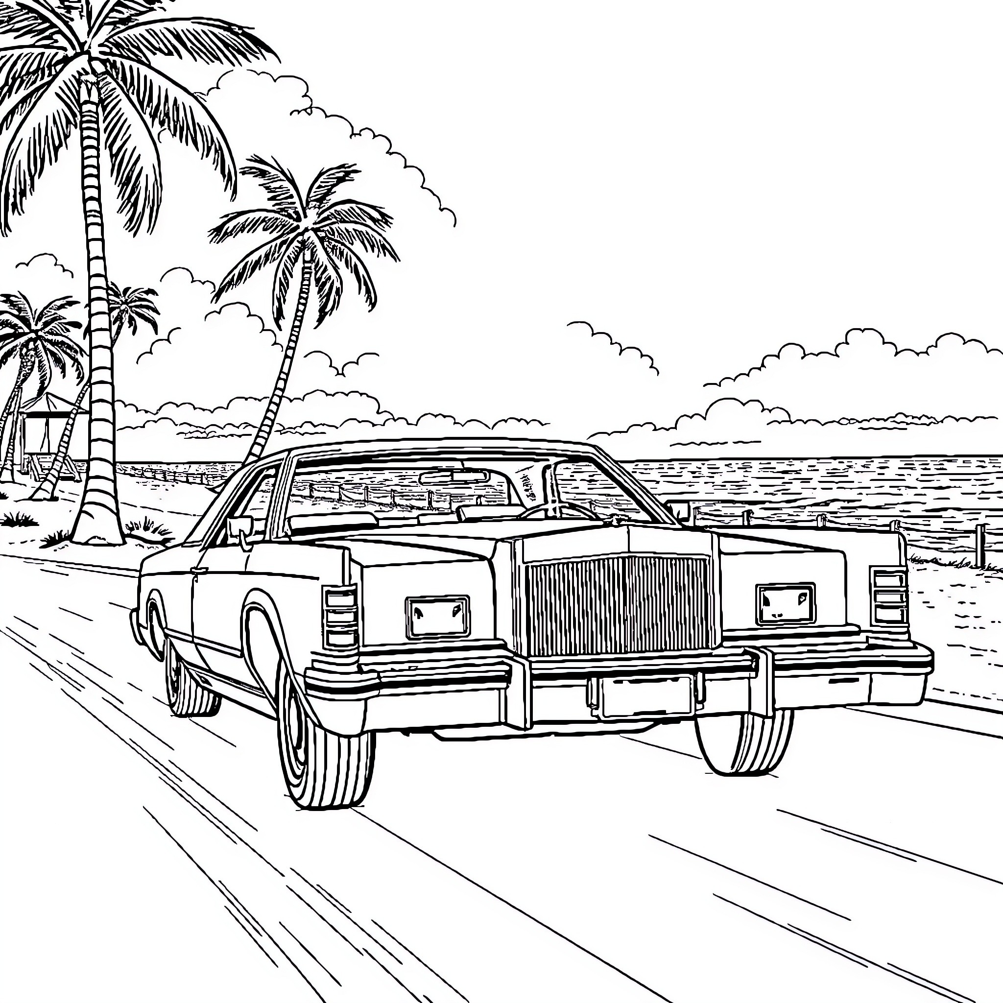 Lincoln cruising on the beach under palm trees Coloring Page (free black-and-white line drawing printable PDF for all, from beginners to advanced learners, including children, teens, adults, and seniors)