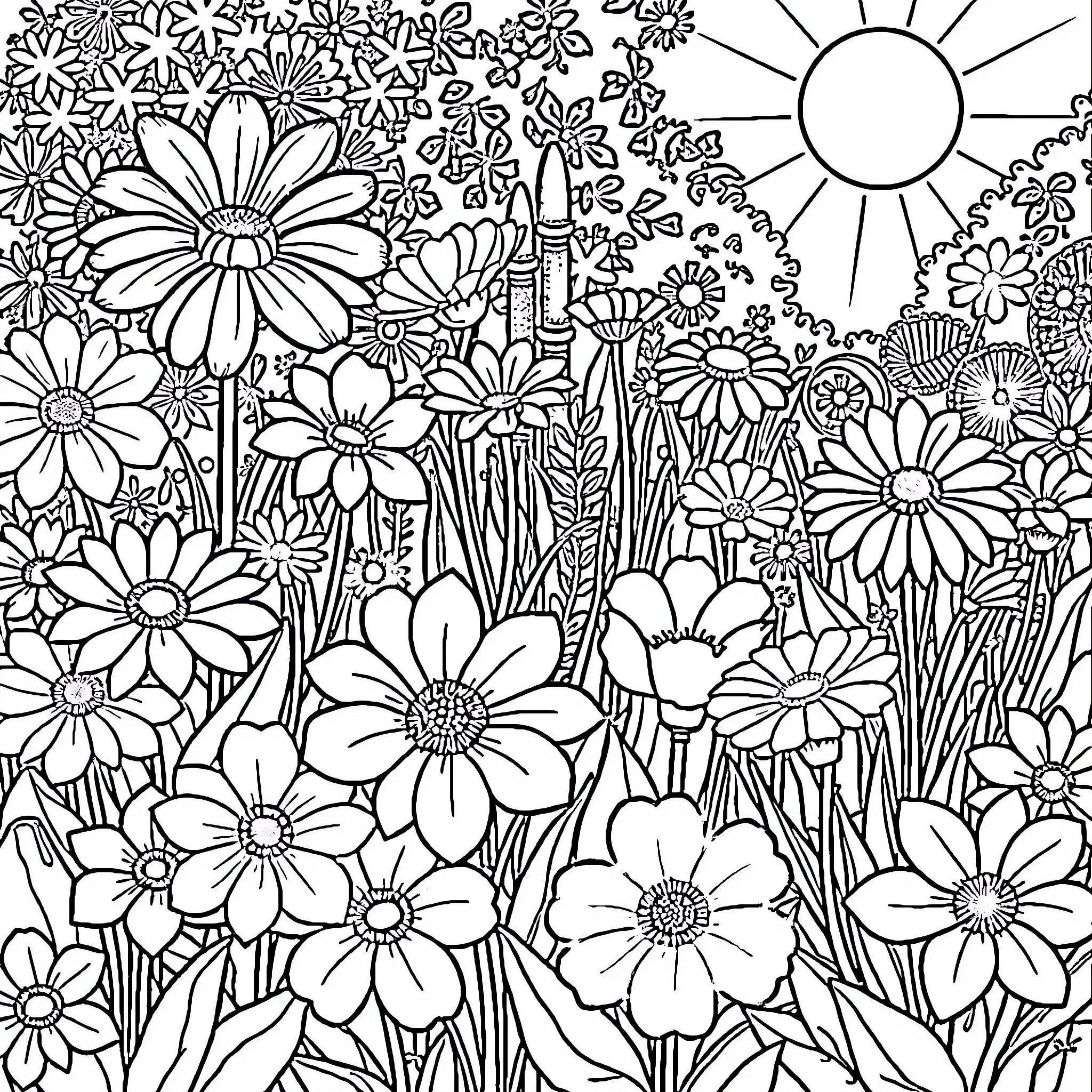 Flower Garden Filled with Vibrant Blooms Coloring Page (free black-and-white line drawing printable PDF for all, from beginners to advanced learners, including children, teens, adults, and seniors)