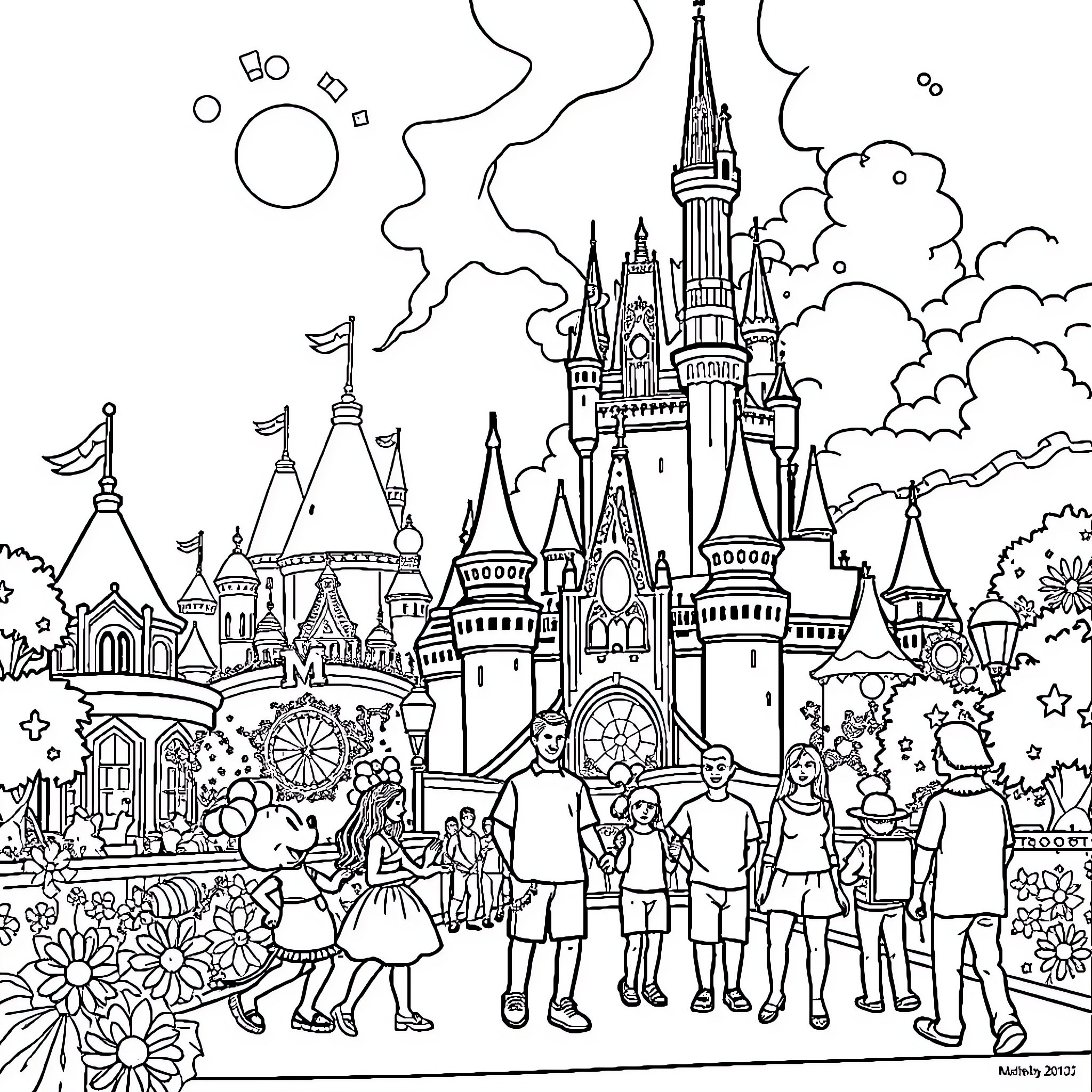 Disney World characters exploring the magical castle Coloring Page (free black-and-white line drawing printable PDF for all, from beginners to advanced learners, including children, teens, adults, and seniors)
