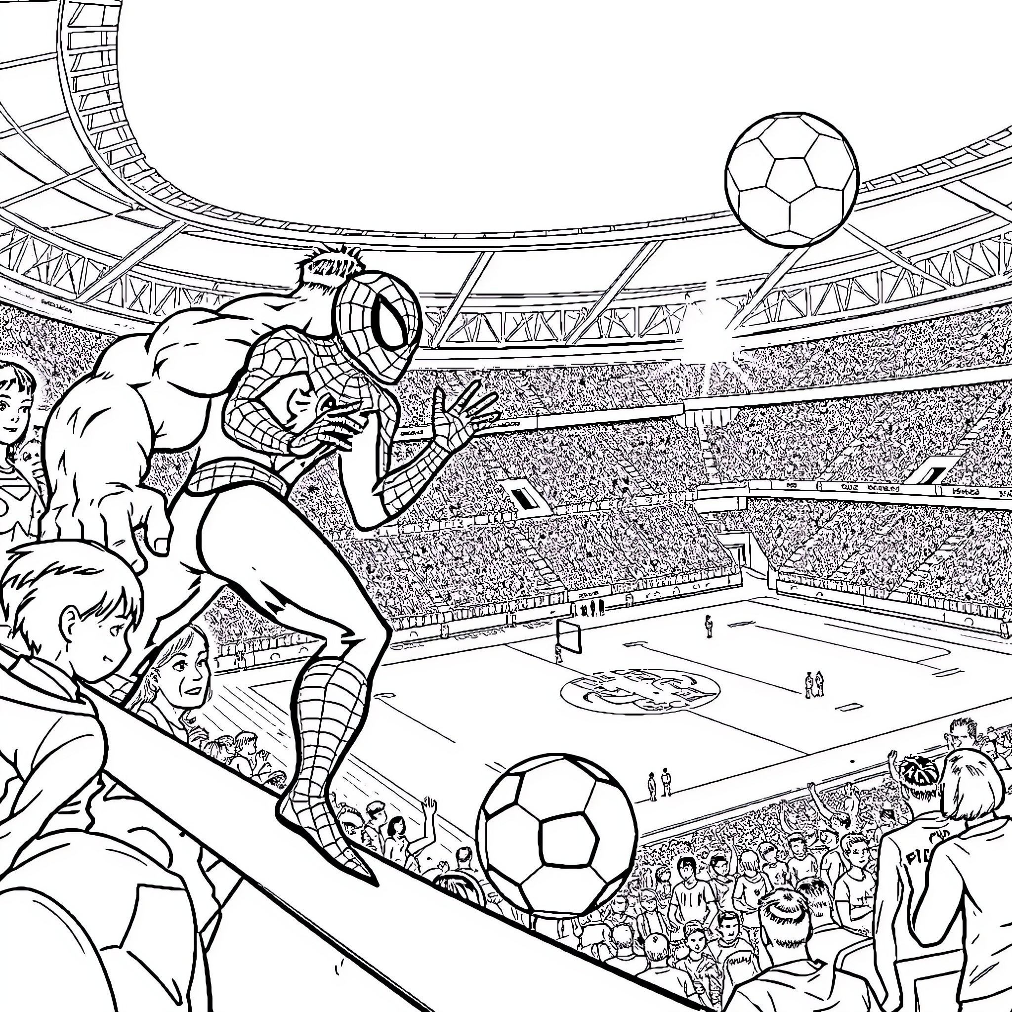 Spiderman swinging high above a soccer stadium Coloring Page (free black-and-white line drawing printable PDF for all, from beginners to advanced learners, including children, teens, adults, and seniors)
