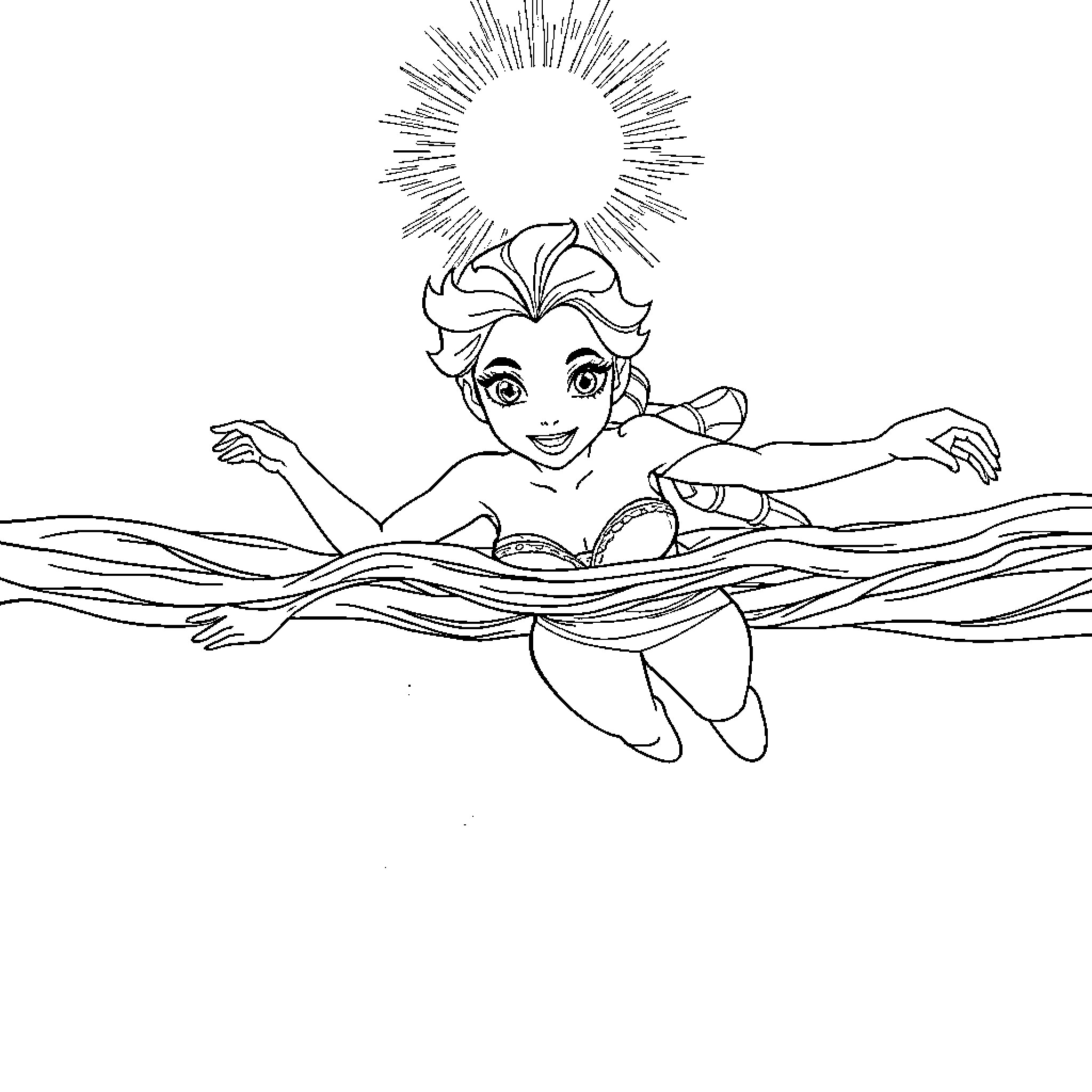 Elsa enjoying a refreshing swim in the ocean Coloring Page (free black-and-white line drawing printable PDF for all, from beginners to advanced learners, including children, teens, adults, and seniors)