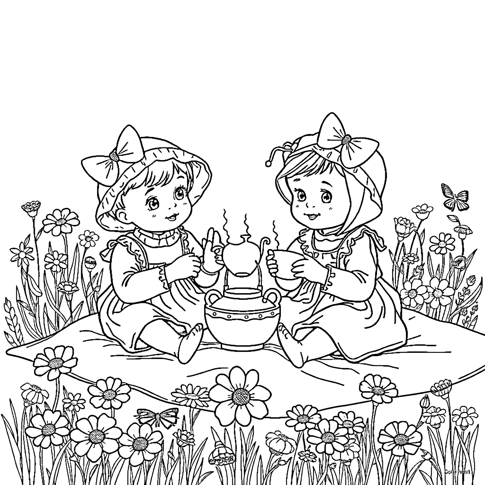 Baby friends enjoying tea party in garden Coloring Page (free black-and-white line drawing printable PDF for all, from beginners to advanced learners, including children, teens, adults, and seniors)