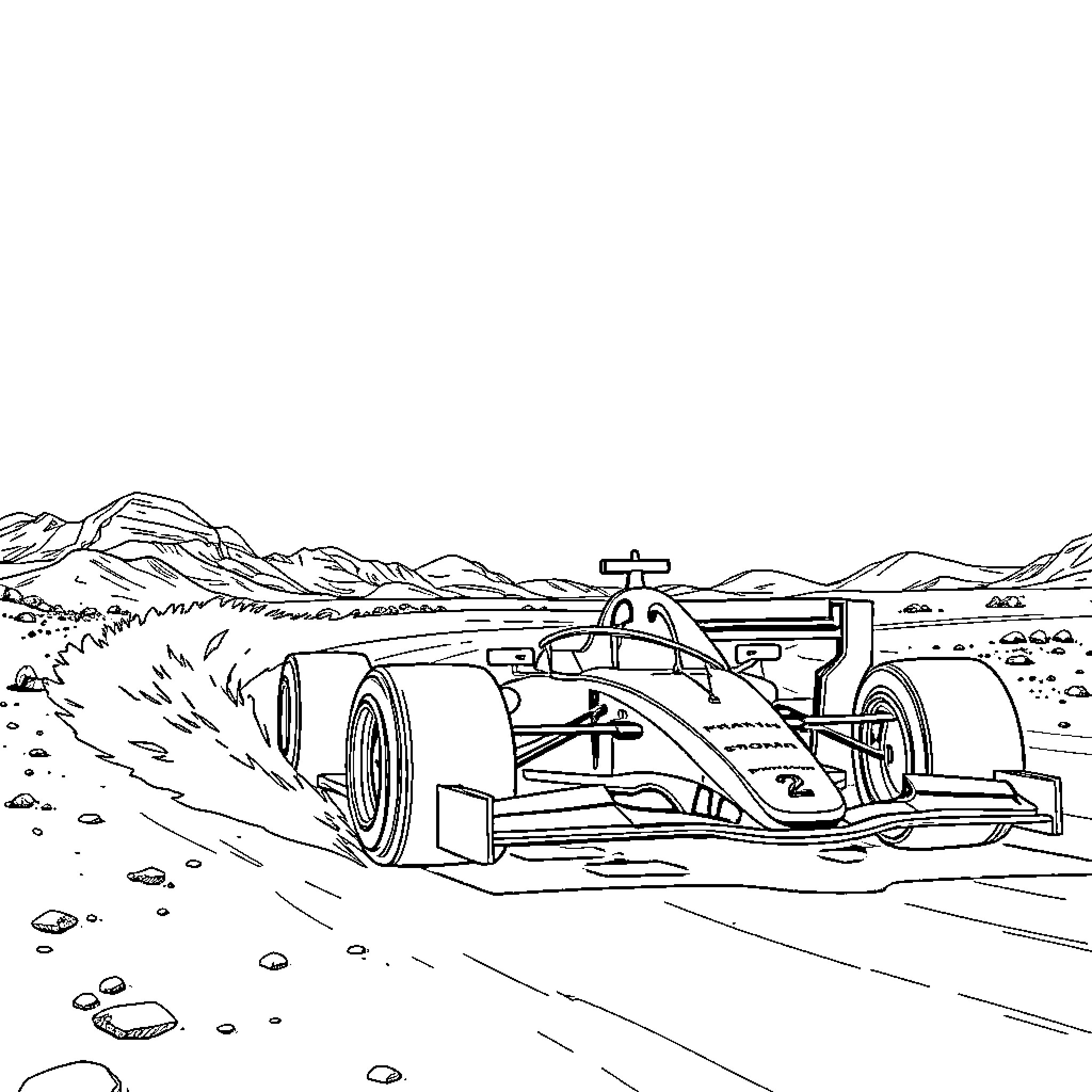 Formula 1 Car Racing on Outdoor Circuit Coloring Page (free black-and-white line drawing printable PDF for all, from beginners to advanced learners, including children, teens, adults, and seniors)