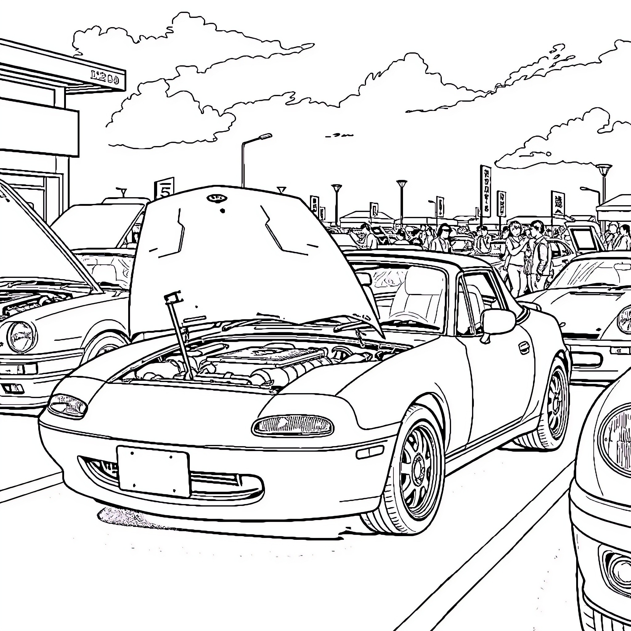Mx5 Roadsters in Automotive Service Lot Coloring Page (free black-and-white line drawing printable PDF for all, from beginners to advanced learners, including children, teens, adults, and seniors)