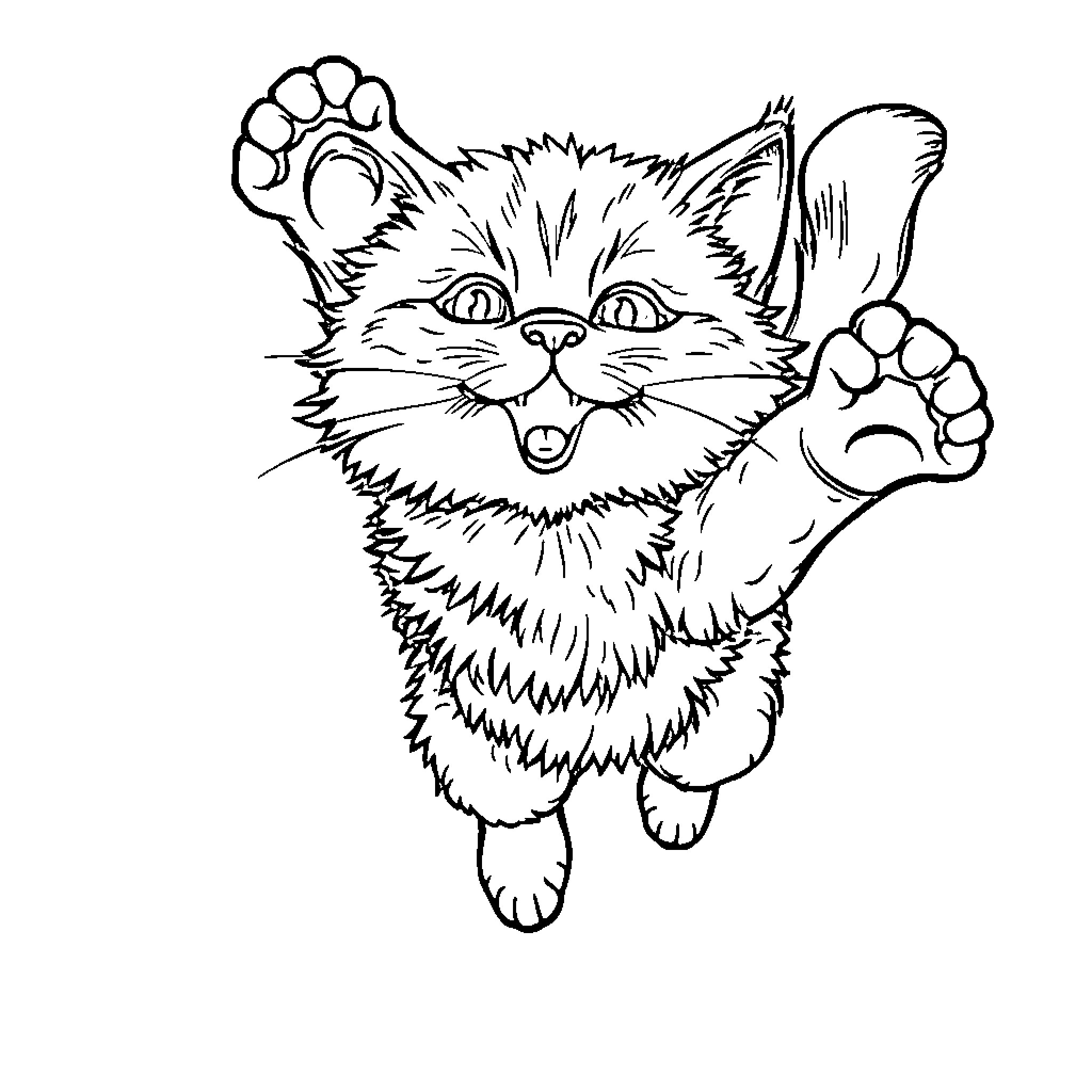 Flying Cat Cartoon Jumping with Excitement Coloring Page (free black-and-white line drawing printable PDF for all, from beginners to advanced learners, including children, teens, adults, and seniors)