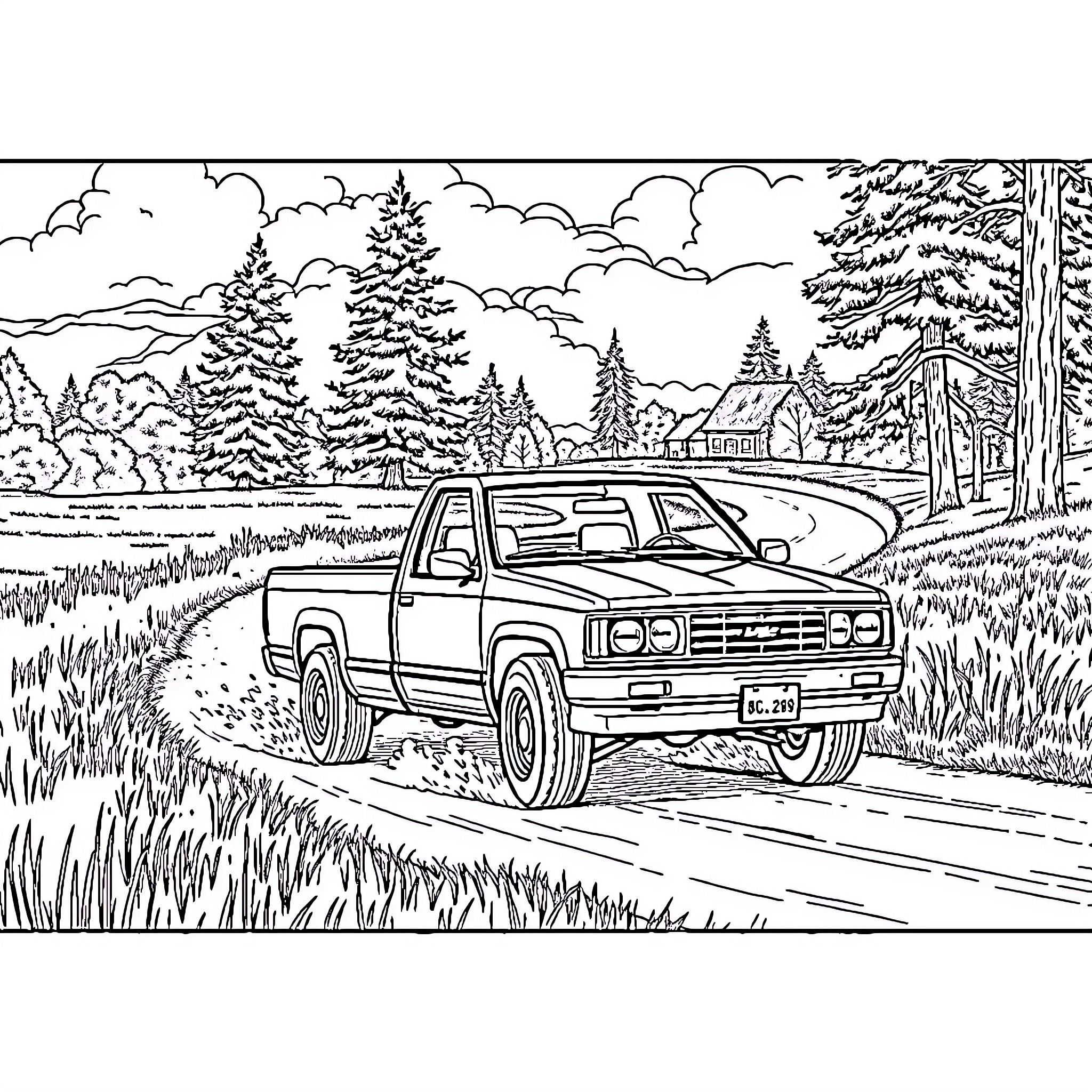 Sonoma Pickup Truck Driving Through Serene Countryside Coloring Page (free black-and-white line drawing printable PDF for all, from beginners to advanced learners, including children, teens, adults, and seniors)