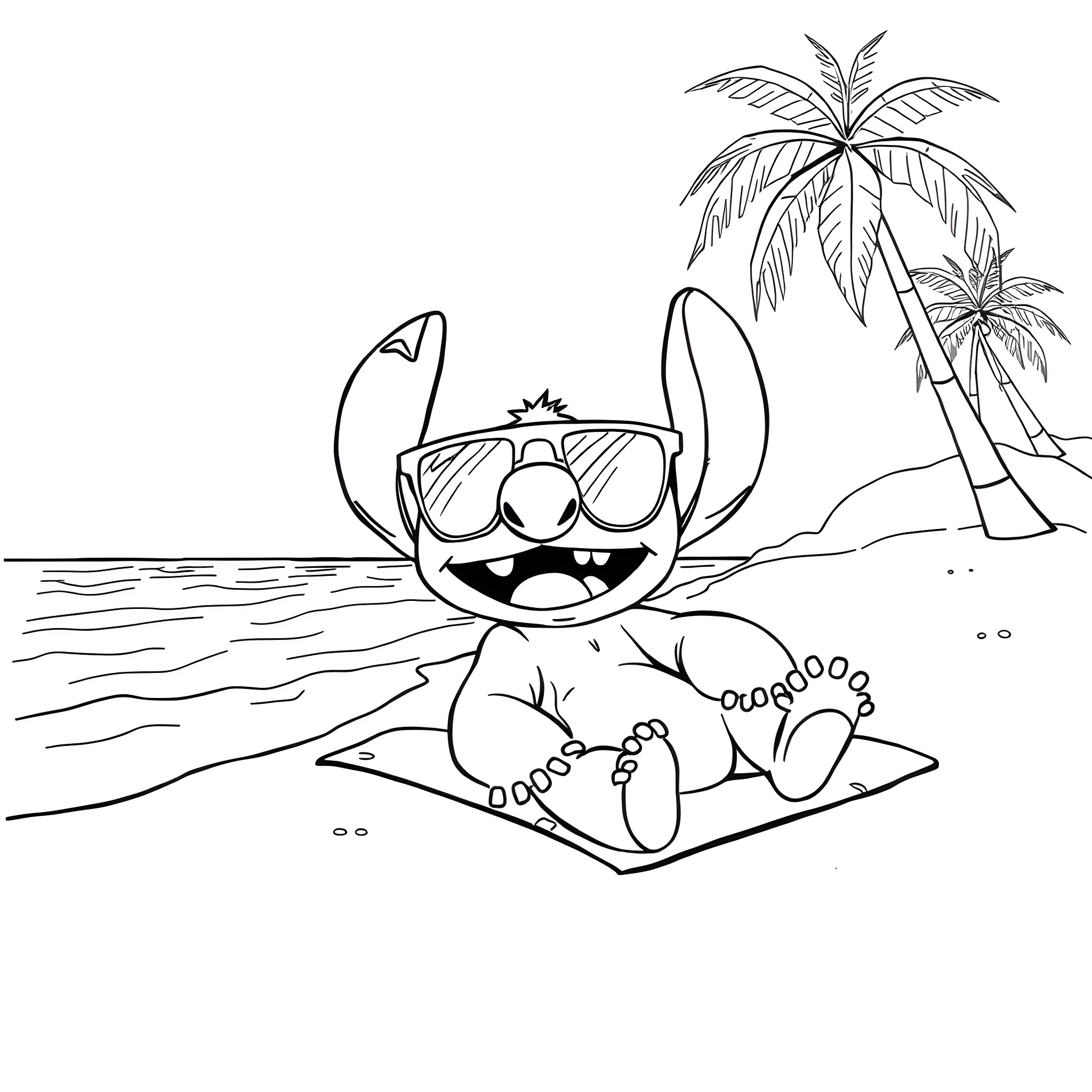Stitch relaxing on the beach with sunglasses Coloring Page (free black-and-white line drawing printable PDF for all, from beginners to advanced learners, including children, teens, adults, and seniors)