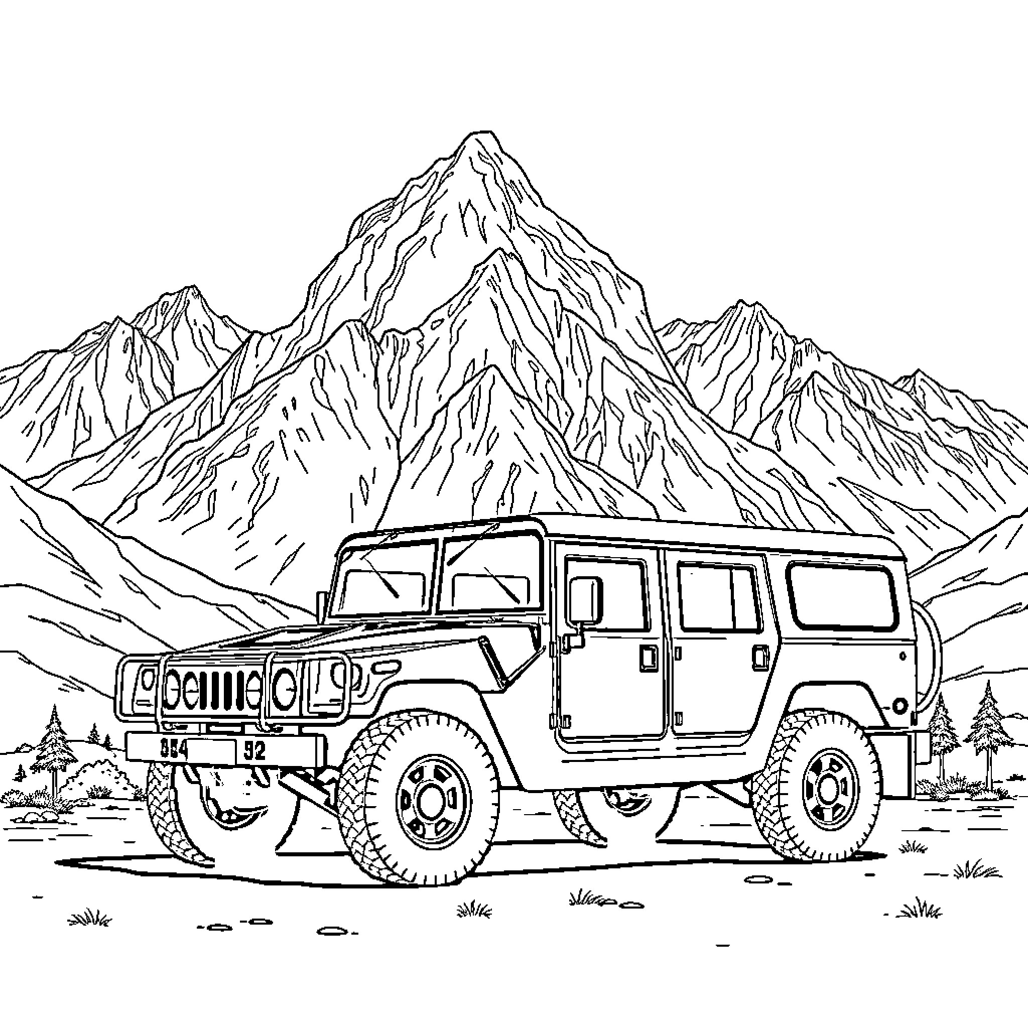 Hummer off-roading adventure in the mountains Coloring Page (free black-and-white line drawing printable PDF for all, from beginners to advanced learners, including children, teens, adults, and seniors)