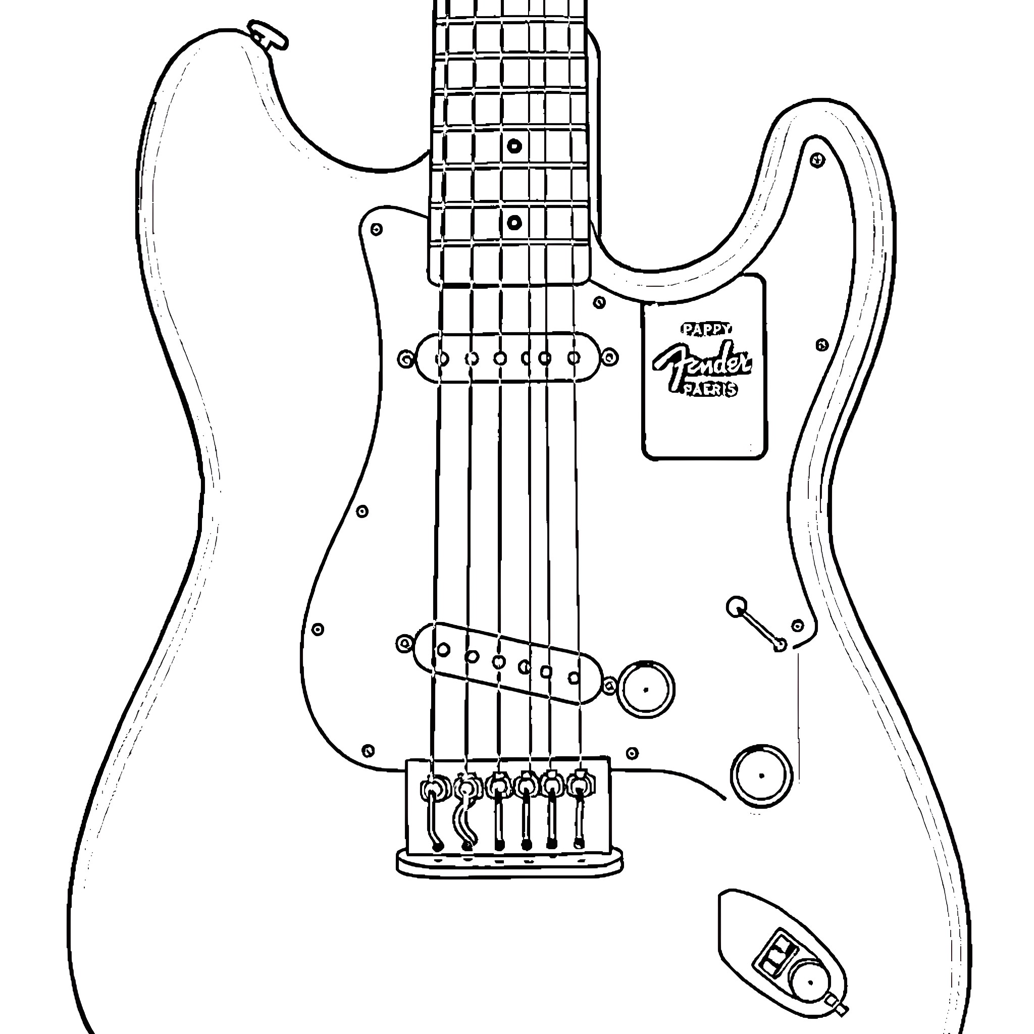 Fender Guitar with detailed hardware and body Coloring Page (free black-and-white line drawing printable PDF for all, from beginners to advanced learners, including children, teens, adults, and seniors)