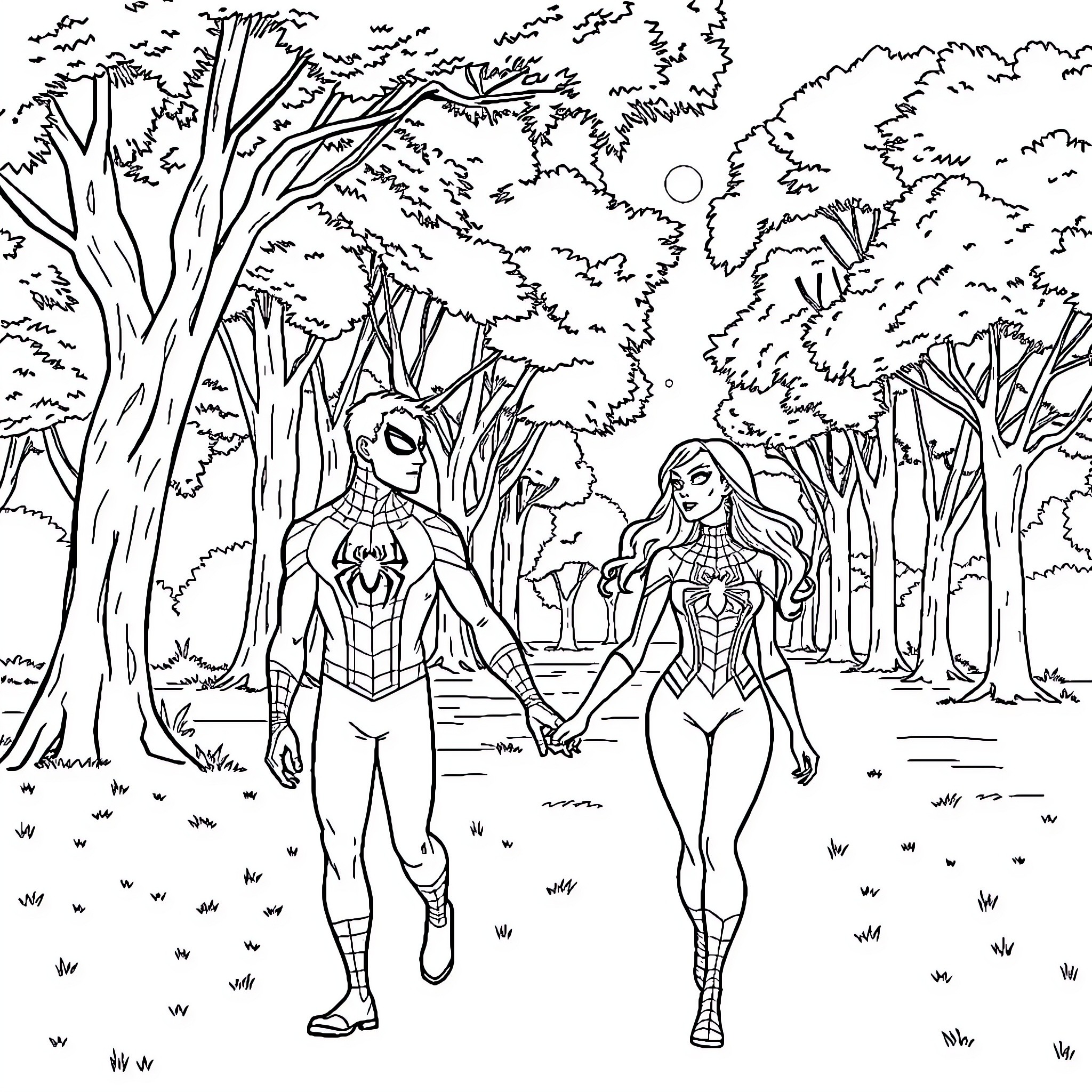 Spiderman and Superhero Woman Strolling Through the Forest Coloring Page (free black-and-white line drawing printable PDF for all, from beginners to advanced learners, including children, teens, adults, and seniors)