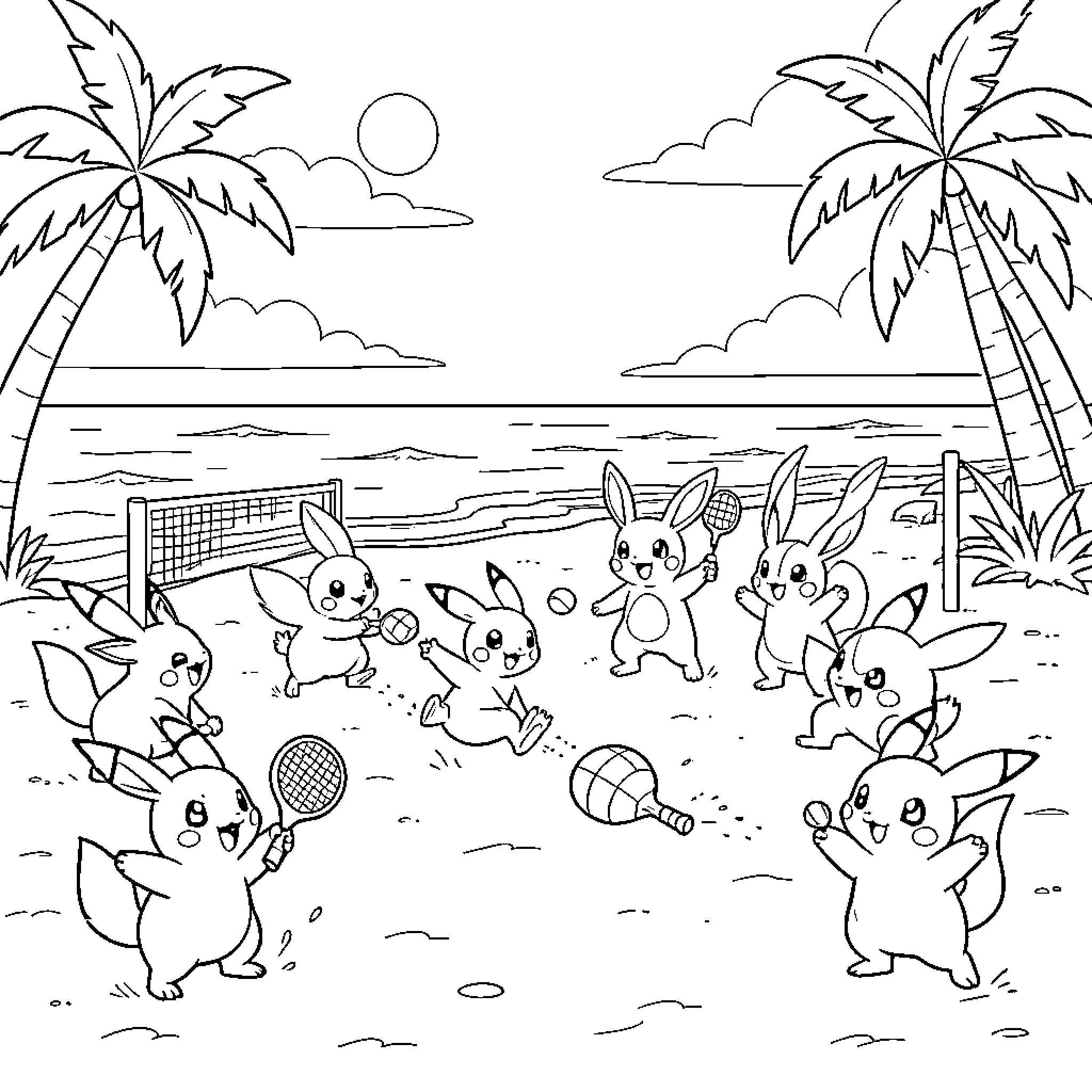 Pokémon playing volleyball together on a sunny beach Coloring Page (free black-and-white line drawing printable PDF for all, from beginners to advanced learners, including children, teens, adults, and seniors)